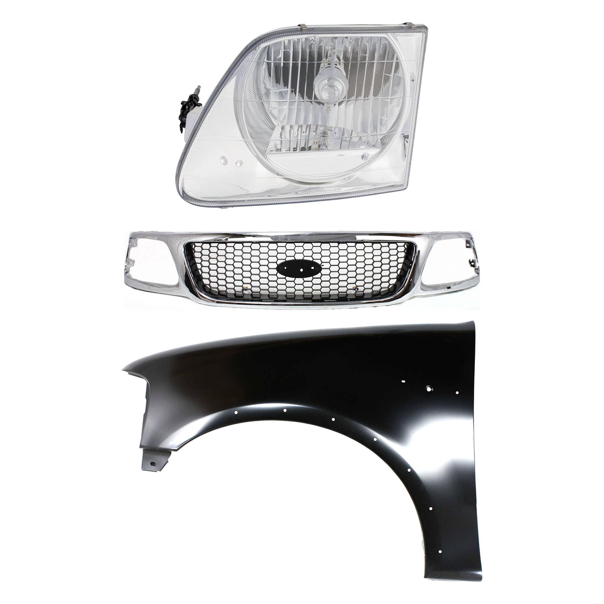 AM F 150-99-03 F 250-99-99 GRILLE Chrome Shell with Black Insert 3 pc Kit with Fender and Headlight SKU KIT 022423-93202 Partslink FO1200404 FO1240192 FO2502182 OEM 3L3Z8200BB 2L3Z16006AA 3L3Z130