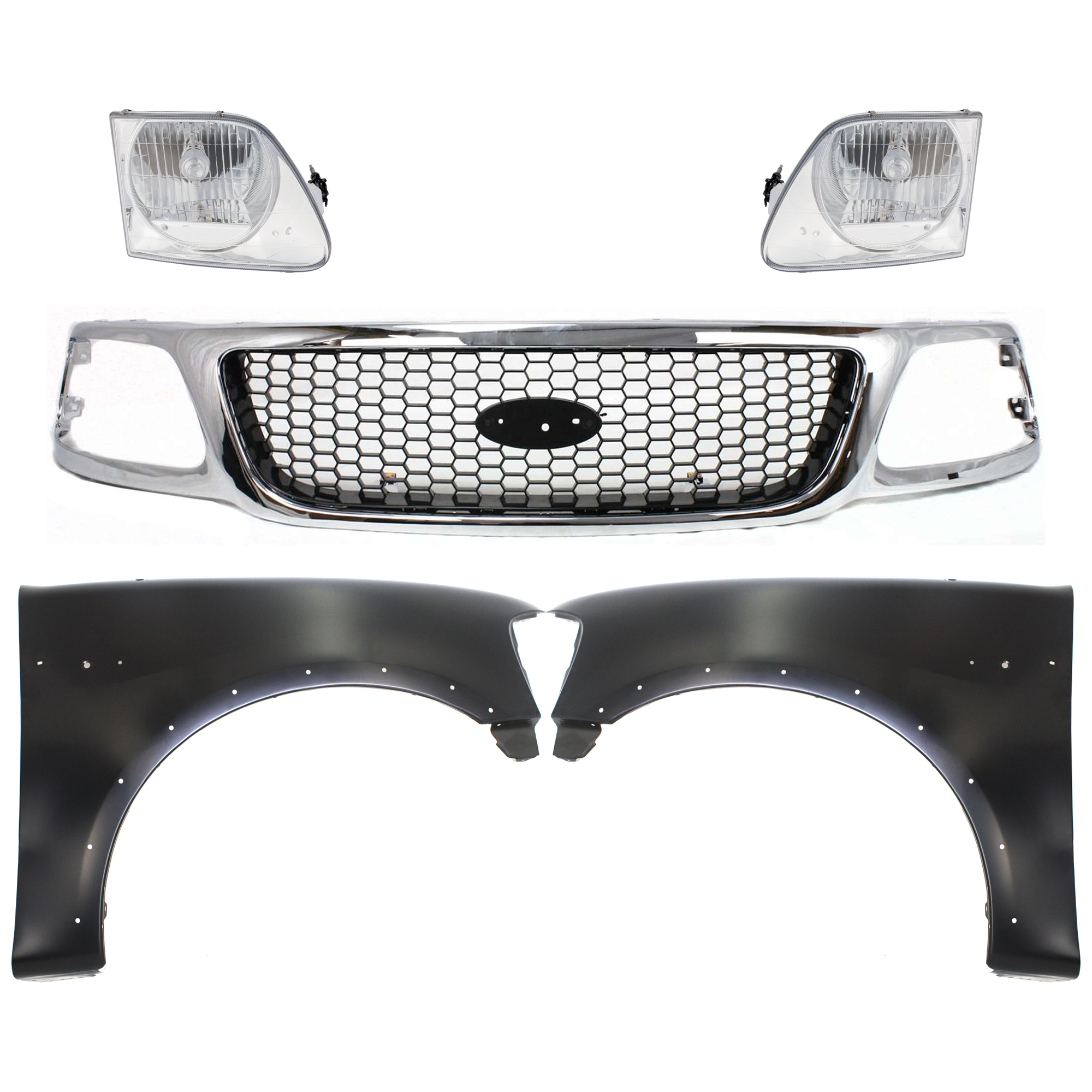 AM F 150-99-03 F 250-99-99 GRILLE Chrome Shell with Black Insert 5 pc Kit with Fenders and Headlights SKU KIT 022423-932 Partslink FO1200404 FO1240192 FO1241192 FO2503182 FO2502182 OEM 3L3Z8200BB 2L3Z16006AA 2L3Z160