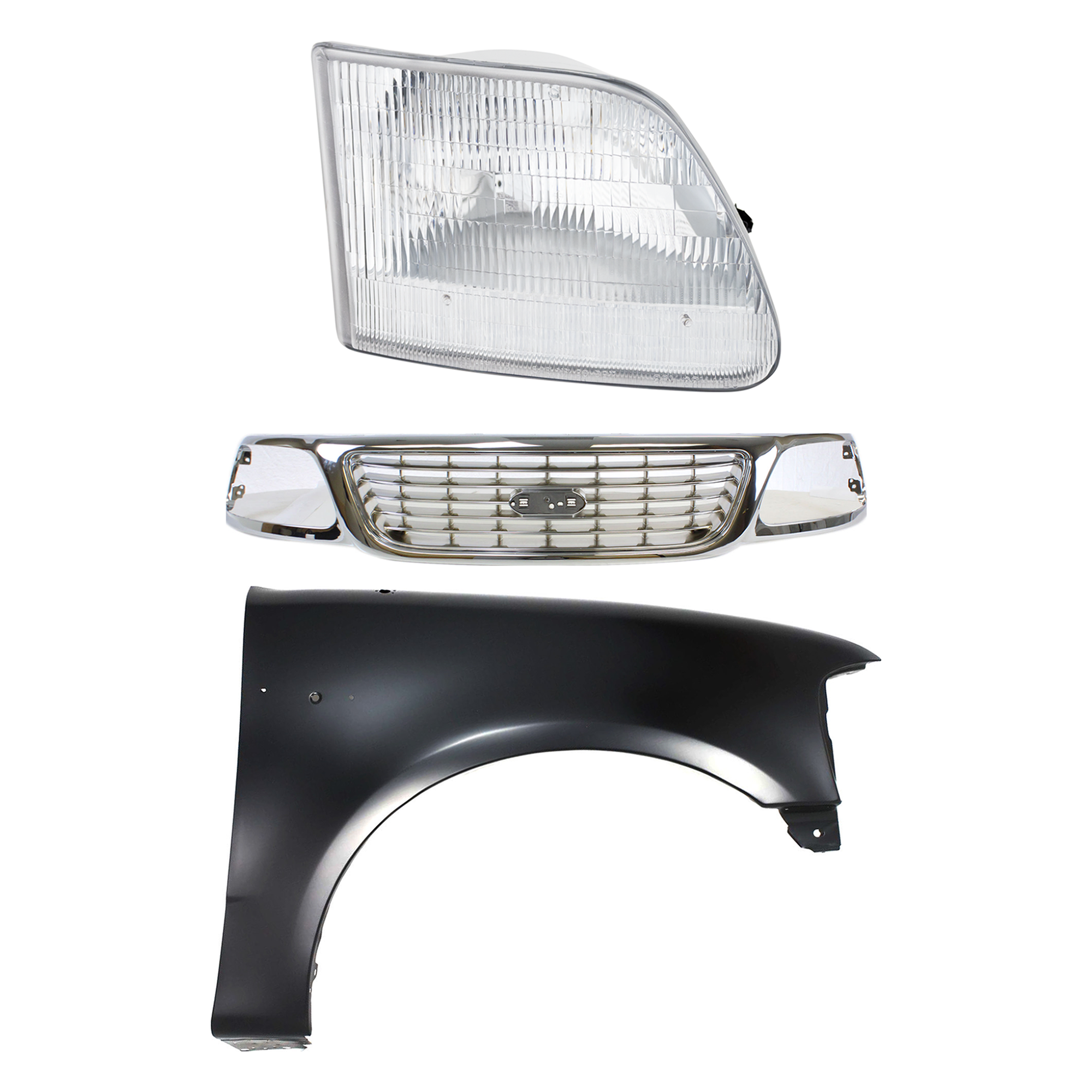 AM F 150-99-03 F 150 HERITAGE 04-04 GRILLE Chrome Shell and Insert 3 pc Kit with Fender and Headlight SKU KIT 022423-93301 Partslink FO1200420 FO1241191 FO2503139 OEM 1L3Z8200-2L3Z16005BA 3L3Z13008