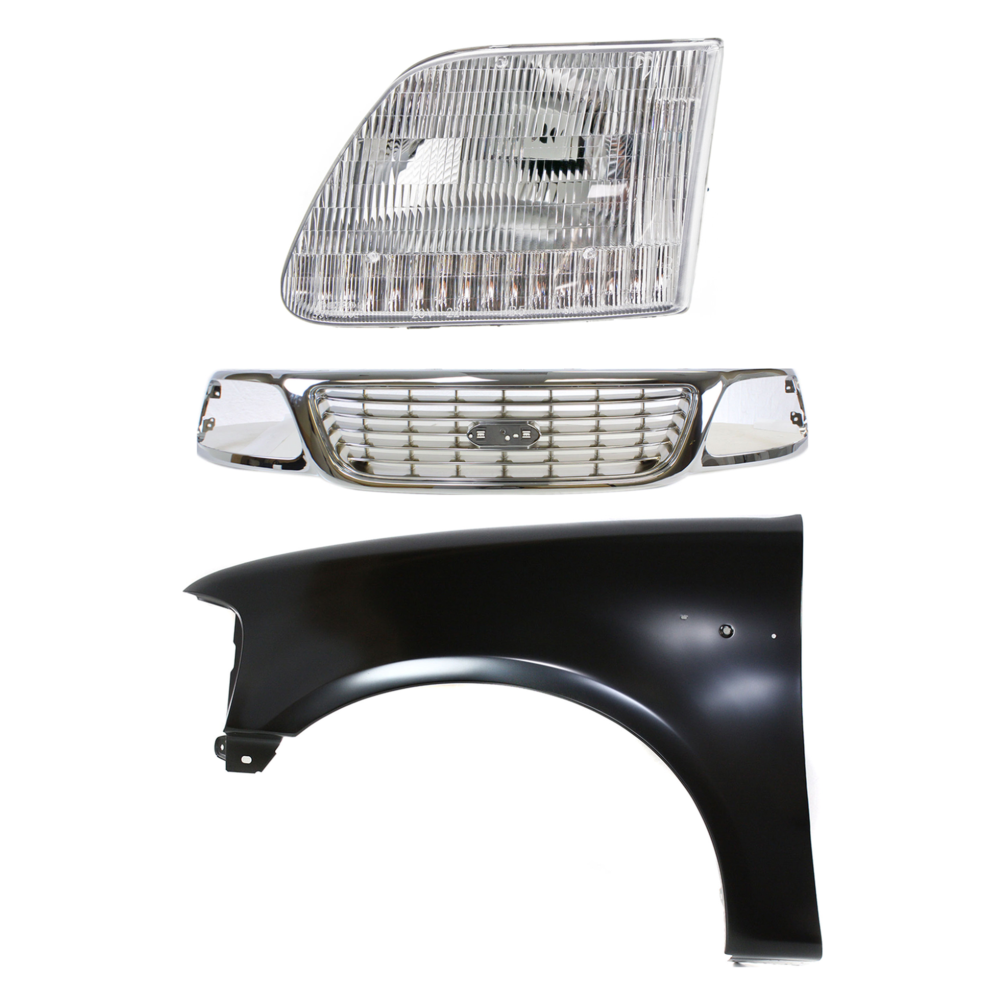 AM F 150-99-03 F 150 HERITAGE 04-04 GRILLE Chrome Shell and Insert 3 pc Kit with Fender and Headlight SKU KIT 022423-93302 Partslink FO1200420 FO1240191 FO2502139 OEM 1L3Z8200-2L3Z16006BA 3L3Z13008