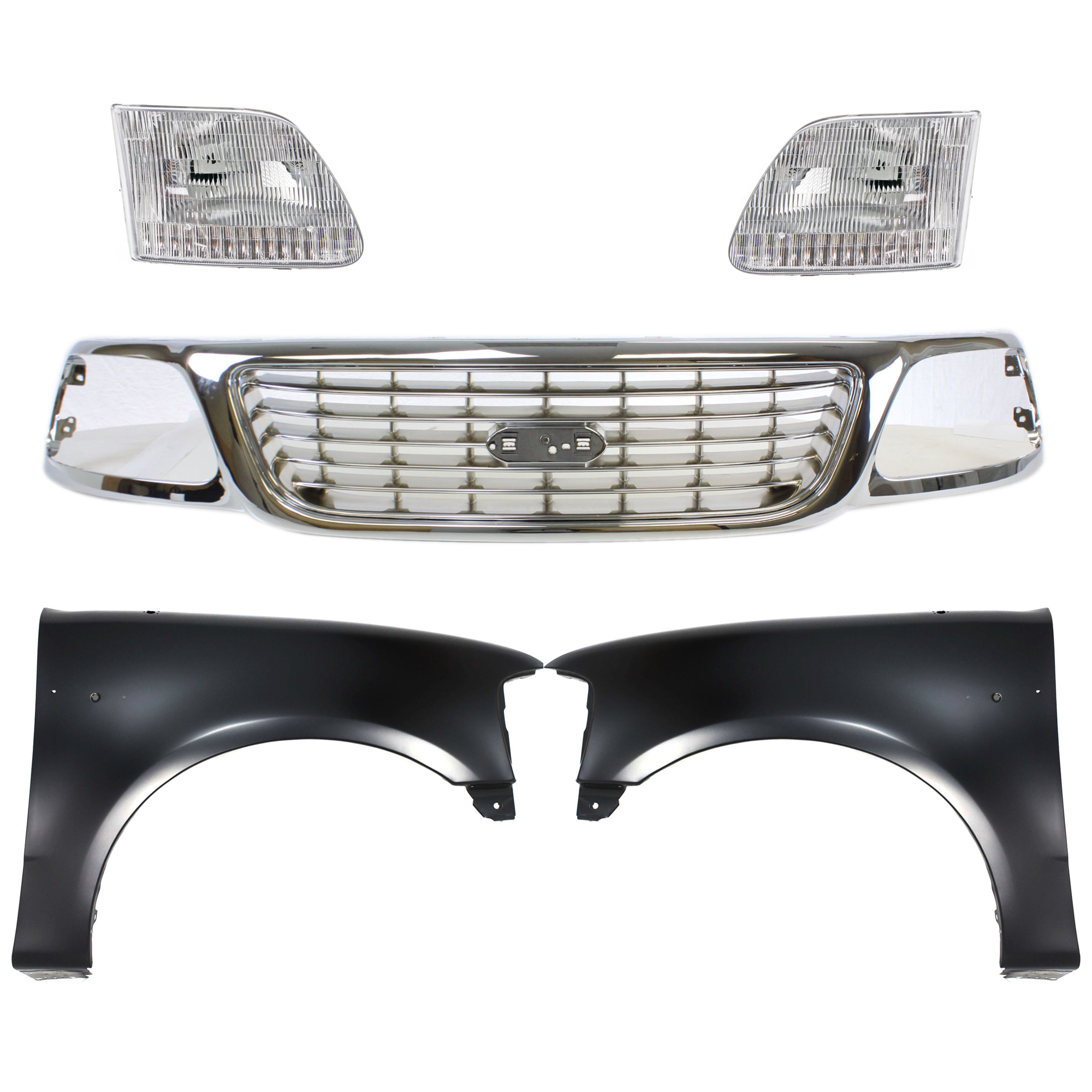 AM F 150-99-03 F 150 HERITAGE 04-04 GRILLE Chrome Shell and Insert 5 pc Kit with Fenders and Headlights SKU KIT 022423-933 Partslink FO1200420 FO1241191 FO1240191 FO2503139 FO2502139 OEM 1L3Z8200-2L3Z16005BA 2L3Z16006