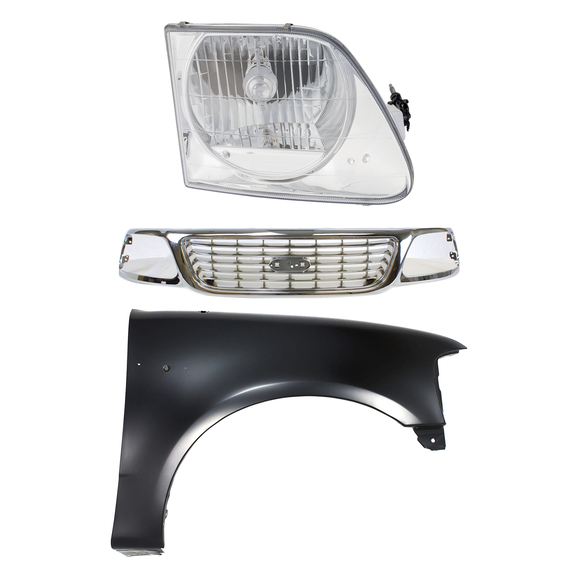 AM F 150-99-03 F 150 HERITAGE 04-04 GRILLE Chrome Shell and Insert 3 pc Kit with Fender and Headlight SKU KIT 022423-93401 Partslink FO1200420 FO1241191 FO2503182 OEM 1L3Z8200-2L3Z16005BA 3L3Z13008