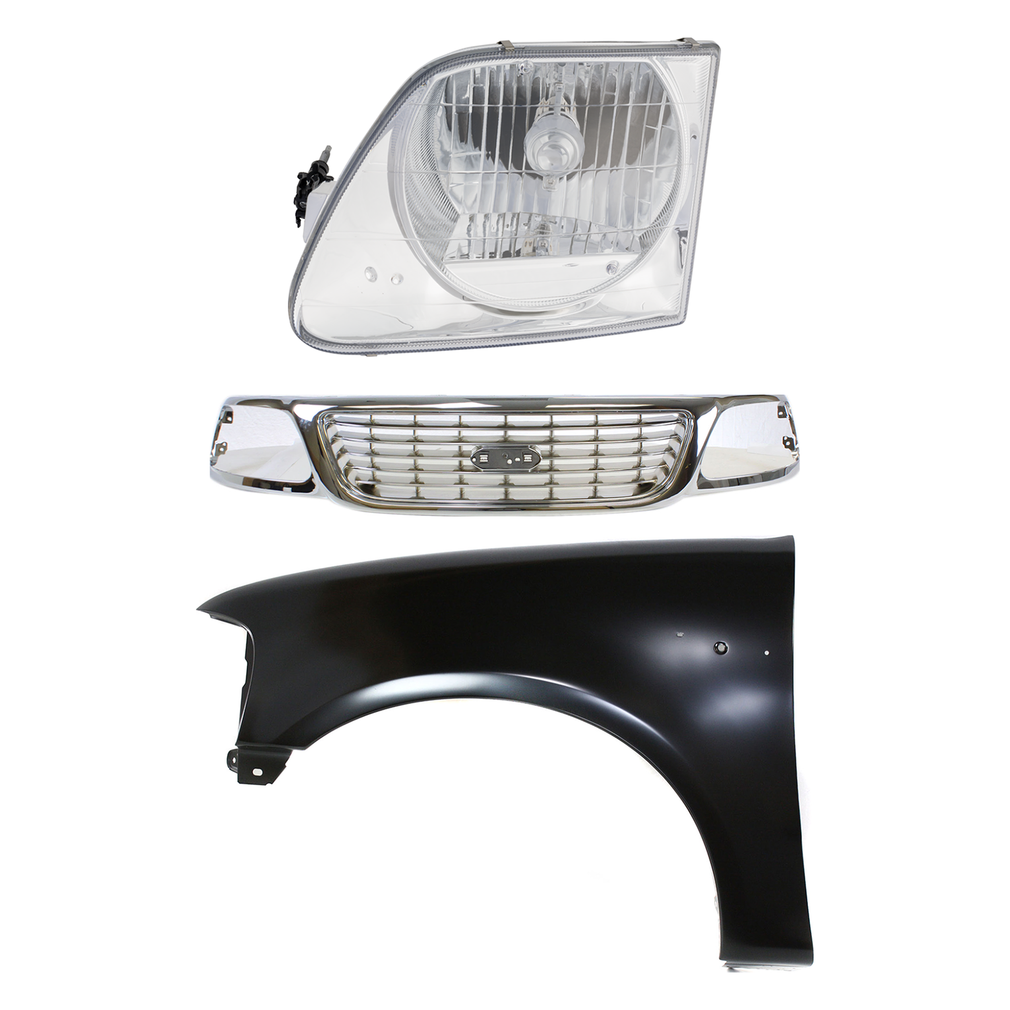 AM F 150-99-03 F 150 HERITAGE 04-04 GRILLE Chrome Shell and Insert 3 pc Kit with Fender and Headlight SKU KIT 022423-93402 Partslink FO1200420 FO1240191 FO2502182 OEM 1L3Z8200-2L3Z16006BA 3L3Z13008