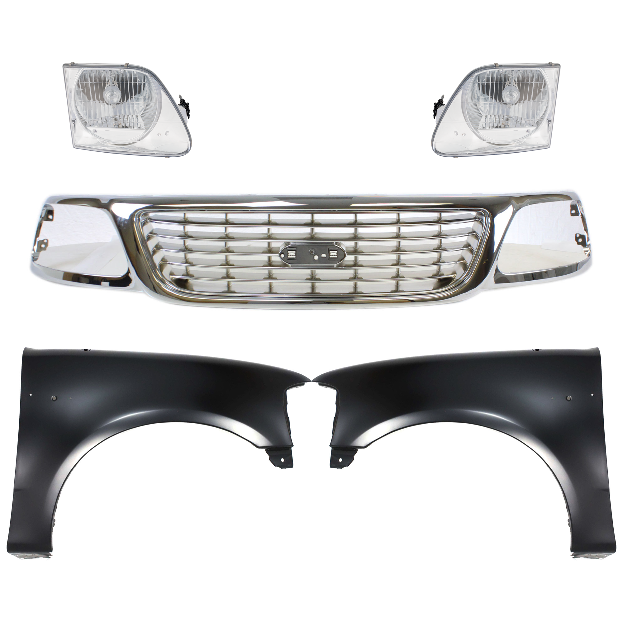 AM F 150-99-03 F 150 HERITAGE 04-04 GRILLE Chrome Shell and Insert 5 pc Kit with Fenders and Headlights SKU KIT 022423-934 Partslink FO1200420 FO1241191 FO1240191 FO2503182 FO2502182 OEM 1L3Z8200-2L3Z16005BA 2L3Z16006