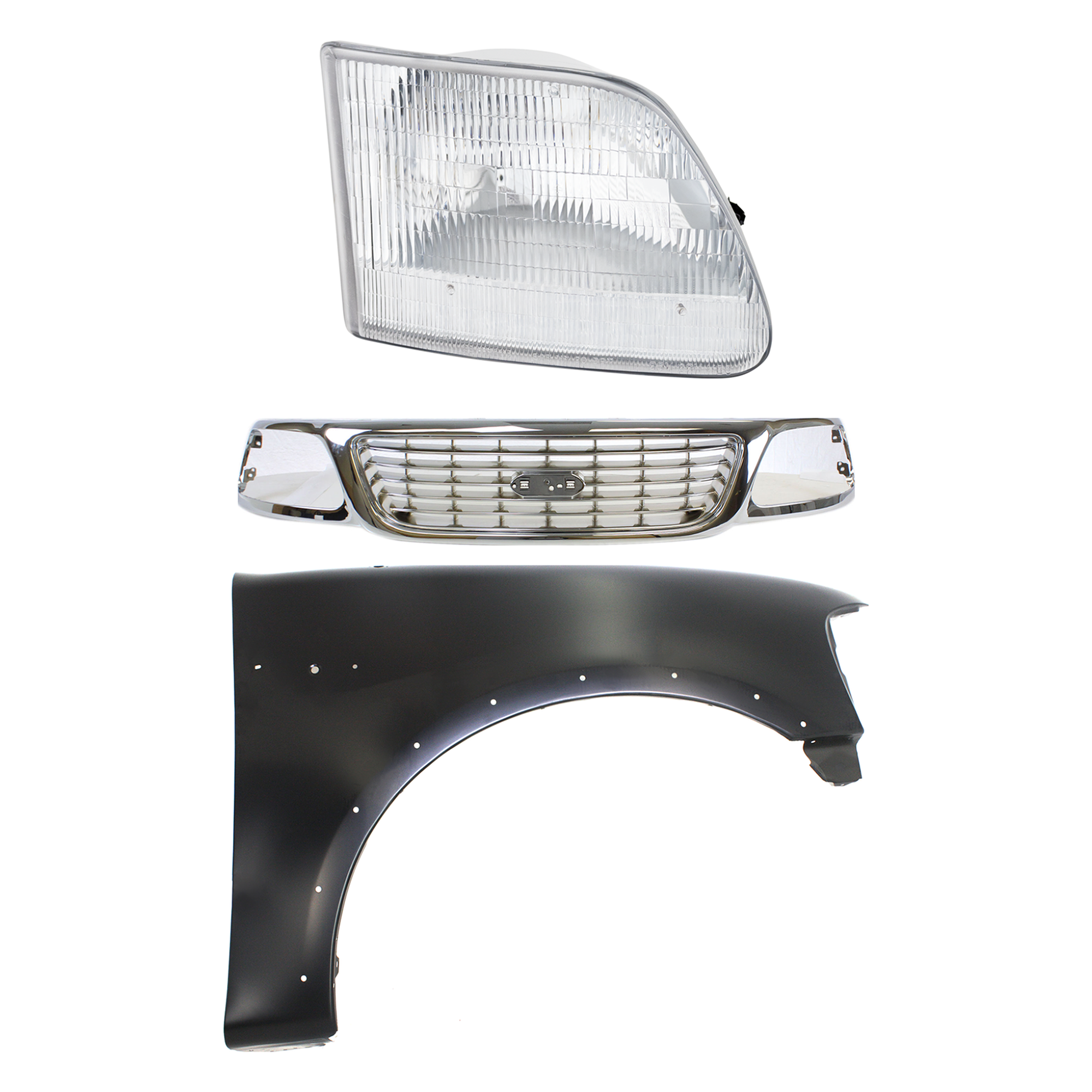 AM F 150-99-03 F 150 HERITAGE 04-04 GRILLE Chrome Shell and Insert 3 pc Kit with Fender and Headlight SKU KIT 022423-93501 Partslink FO1200420 FO1241192 FO2503139 OEM 1L3Z8200-2L3Z16005AA 3L3Z13008