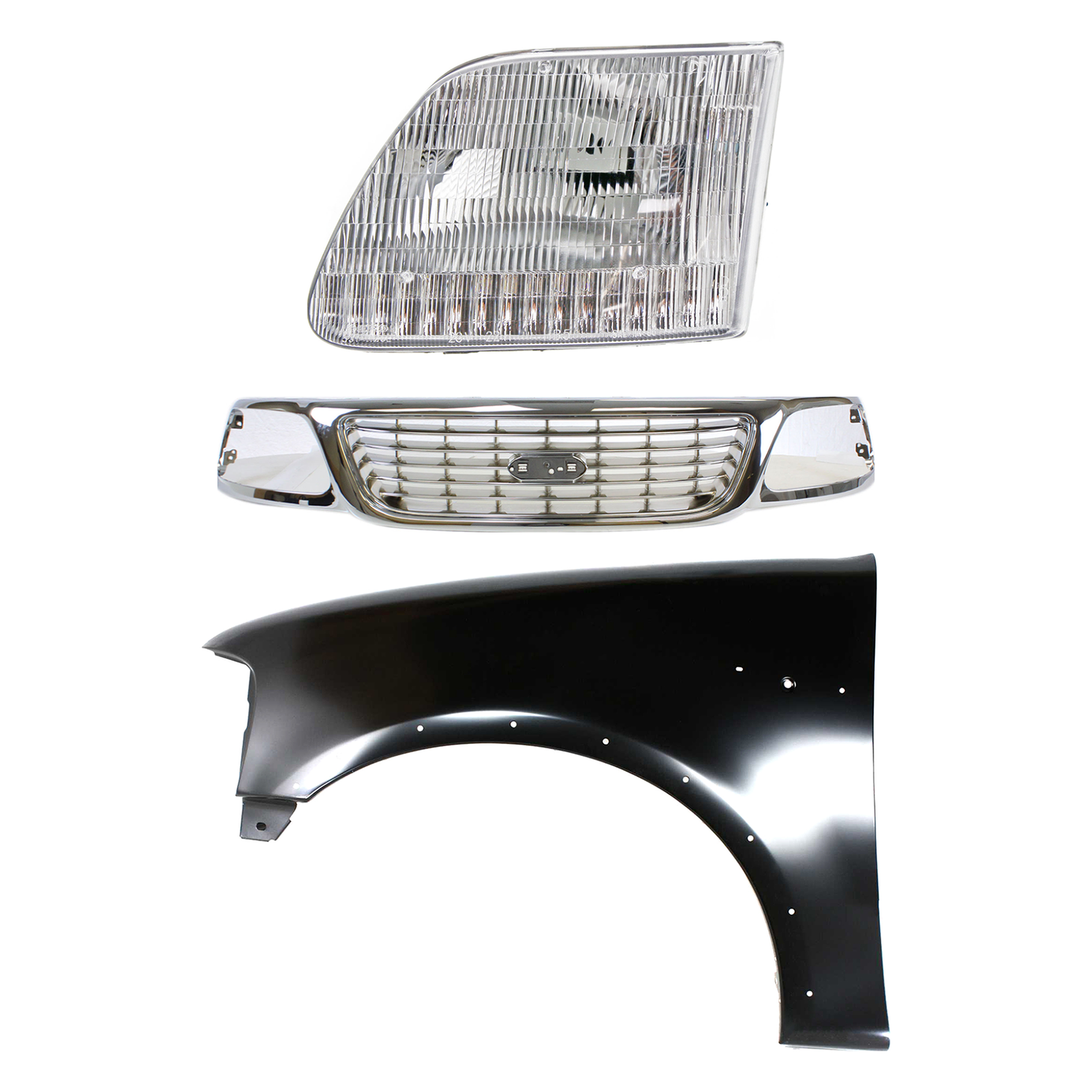 AM F 150-99-03 F 150 HERITAGE 04-04 GRILLE Chrome Shell and Insert 3 pc Kit with Fender and Headlight SKU KIT 022423-93502 Partslink FO1200420 FO1240192 FO2502139 OEM 1L3Z8200-2L3Z16006AA 3L3Z13008