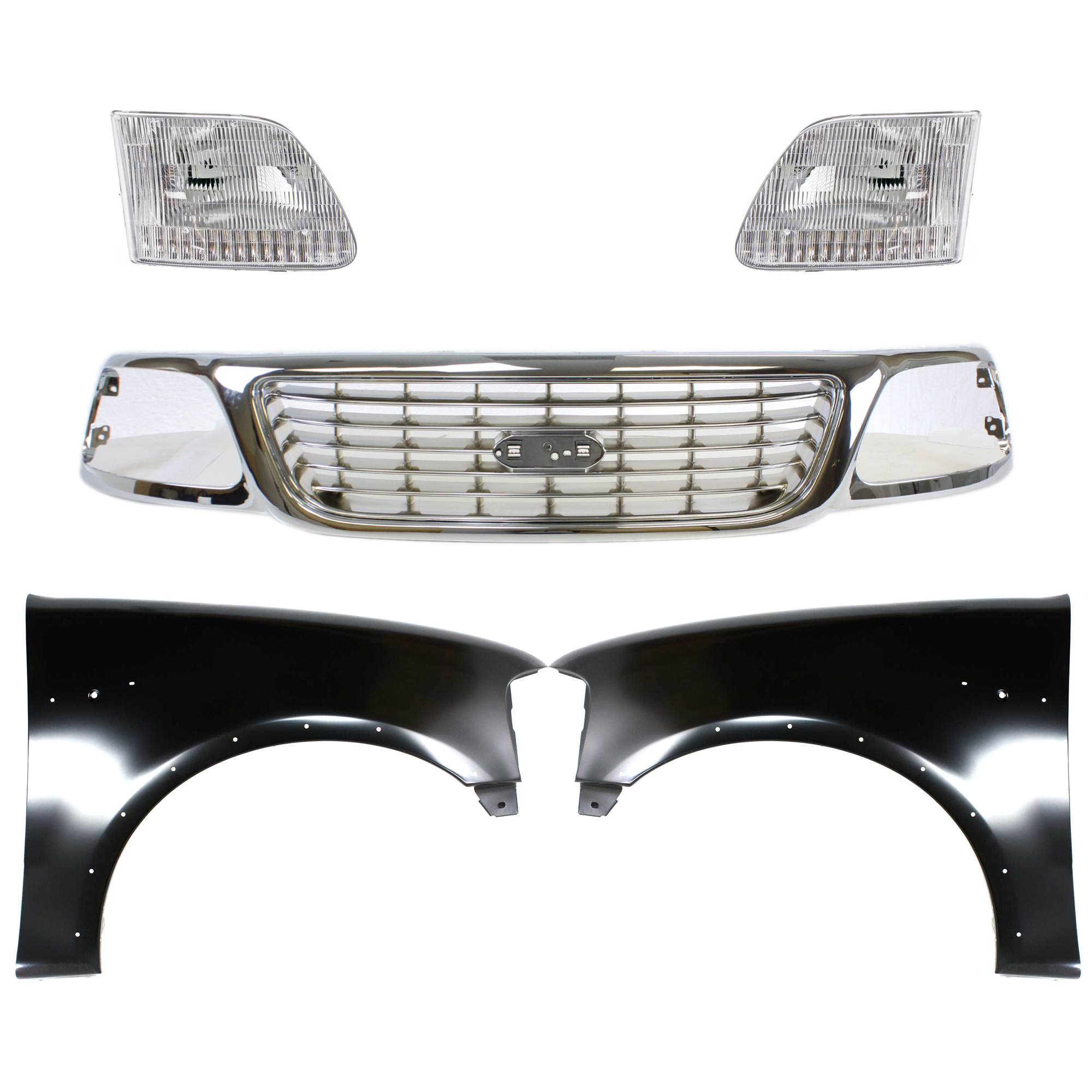AM F 150-99-03 F 150 HERITAGE 04-04 GRILLE Chrome Shell and Insert 5 pc Kit with Fenders and Headlights SKU KIT 022423-935 Partslink FO1200420 FO1240192 FO1241192 FO2503139 FO2502139 OEM 1L3Z8200-2L3Z16006AA 2L3Z16005
