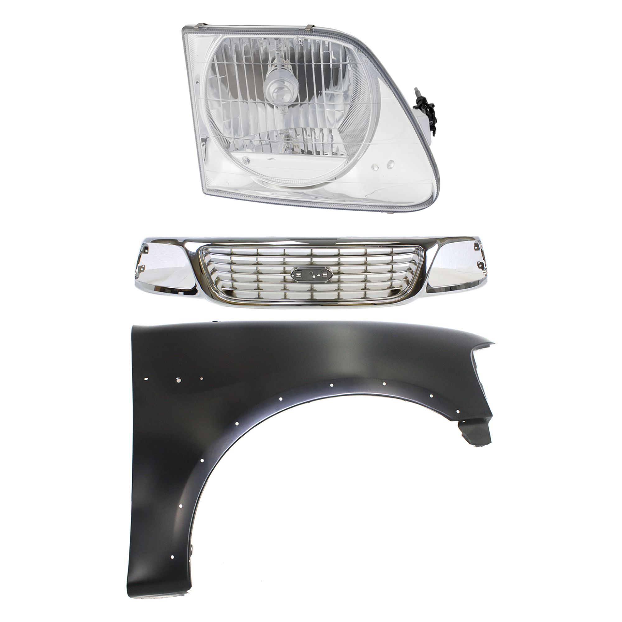 AM F 150-99-03 F 150 HERITAGE 04-04 GRILLE Chrome Shell and Insert 3 pc Kit with Fender and Headlight SKU KIT 022423-93601 Partslink FO1200420 FO1241192 FO2503182 OEM 1L3Z8200-2L3Z16005AA 3L3Z13008