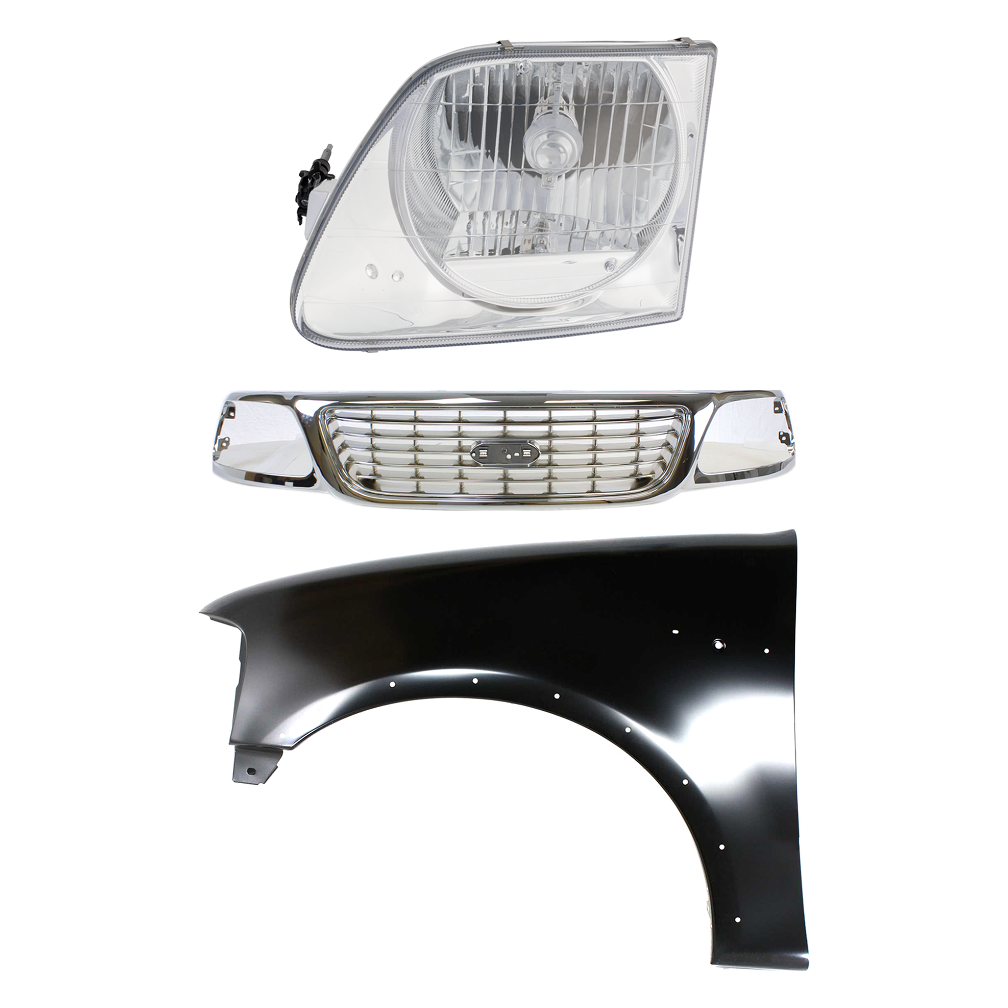 AM F 150-99-03 F 150 HERITAGE 04-04 GRILLE Chrome Shell and Insert 3 pc Kit with Fender and Headlight SKU KIT 022423-93602 Partslink FO1200420 FO1240192 FO2502182 OEM 1L3Z8200-2L3Z16006AA 3L3Z13008