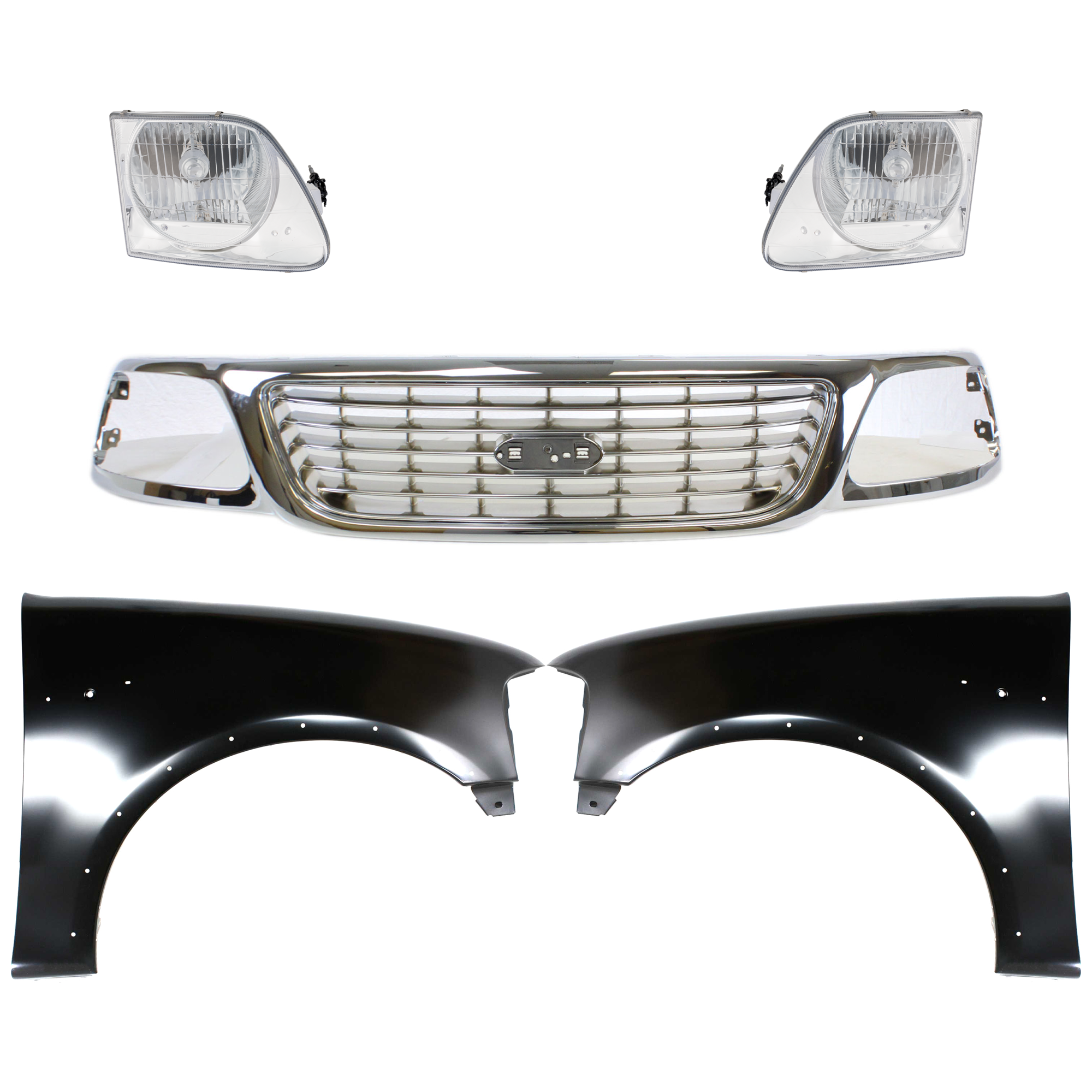 AM F 150-99-03 F 150 HERITAGE 04-04 GRILLE Chrome Shell and Insert 5 pc Kit with Fenders and Headlights SKU KIT 022423-936 Partslink FO1200420 FO1240192 FO1241192 FO2503182 FO2502182 OEM 1L3Z8200-2L3Z16006AA 2L3Z16005