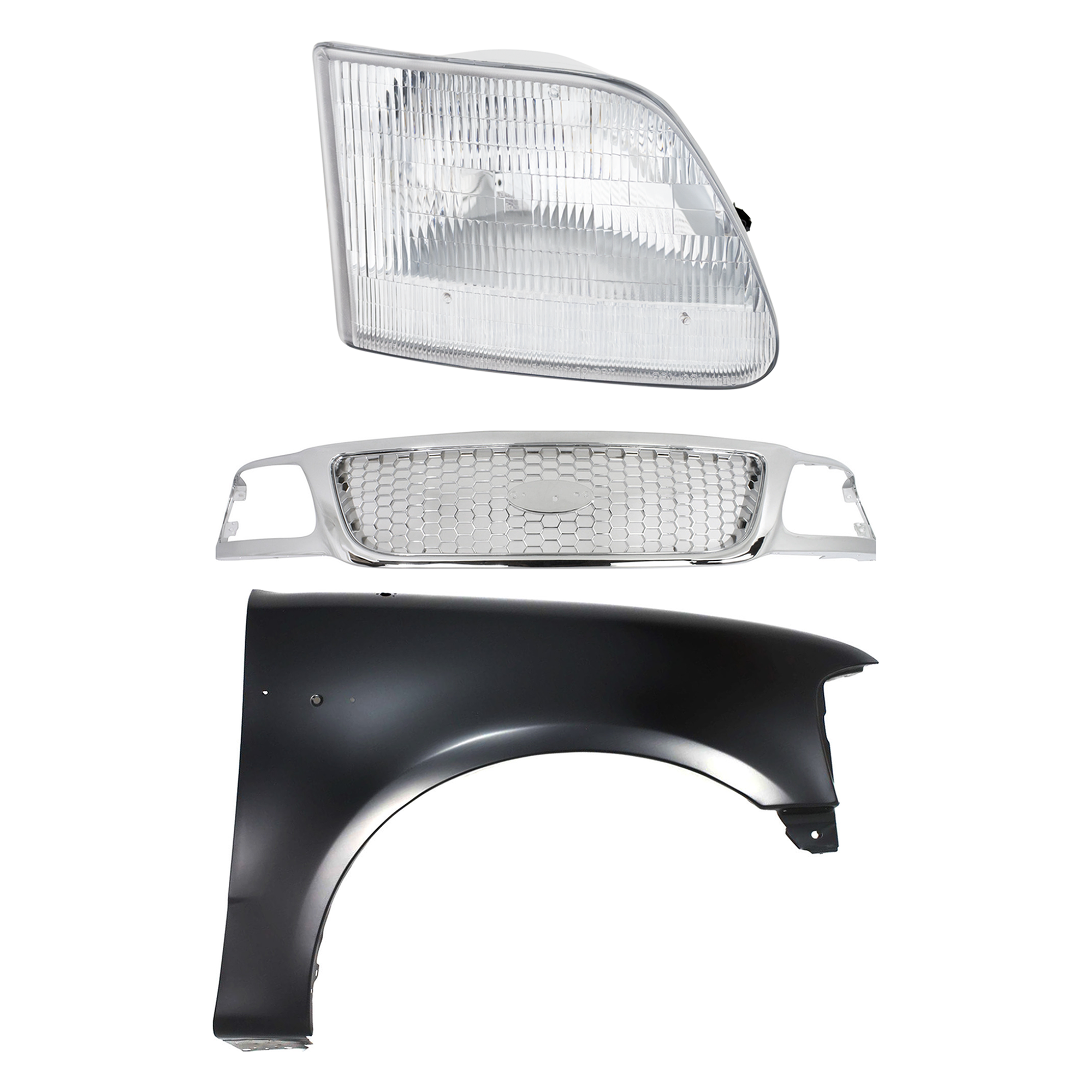 AM F 150-99-03 F 150 HERITAGE 04-04 F 250-99-99 GRILLE Chrome Shell and Insert 3 pc Kit with Fender and Headlight SKU KIT 022423-93701 Partslink FO1200407 FO1241191 FO2503139 OEM Performance 2L3Z16005BA 3L3Z13