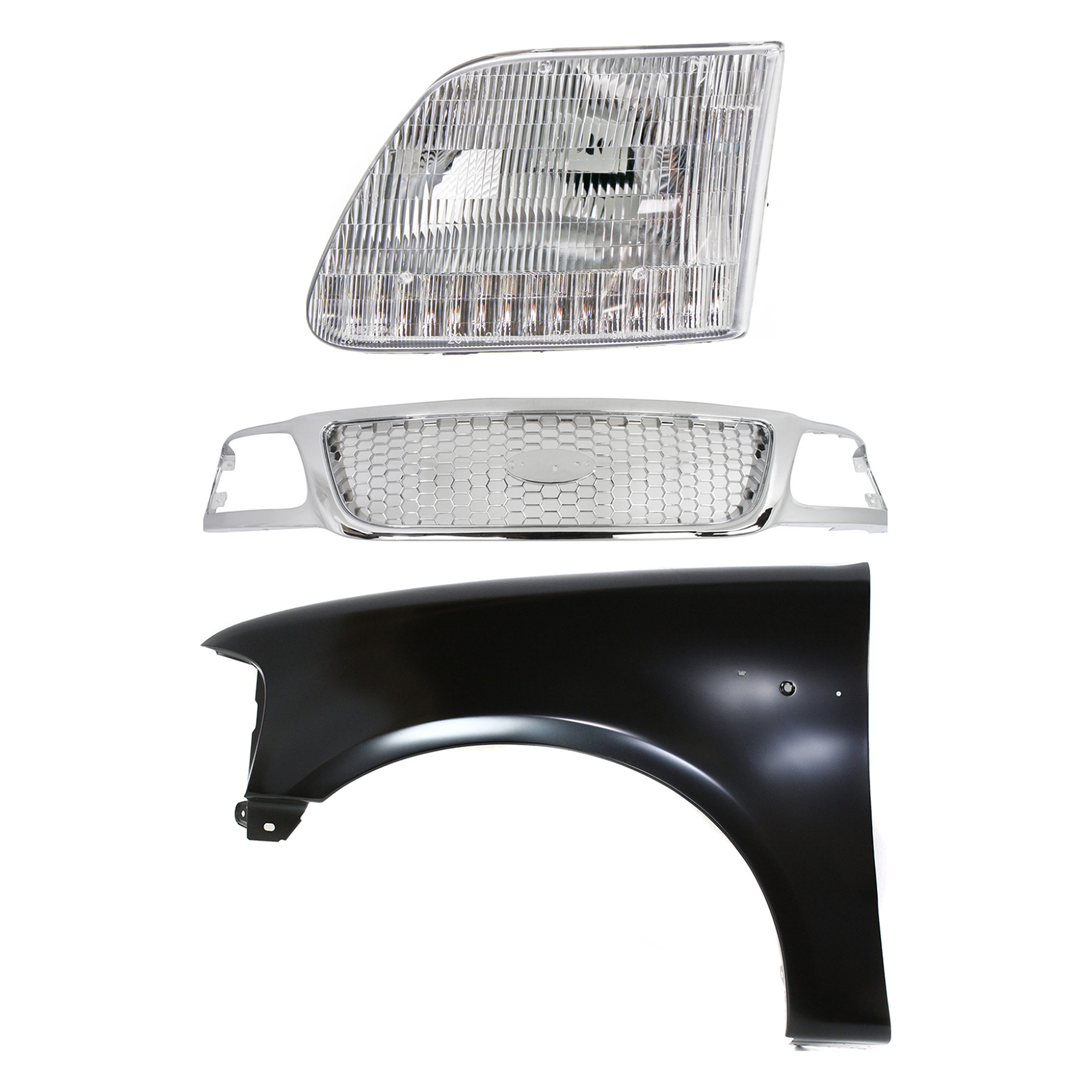 AM F 150-99-03 F 150 HERITAGE 04-04 F 250-99-99 GRILLE Chrome Shell and Insert 3 pc Kit with Fender and Headlight SKU KIT 022423-93702 Partslink FO1200407 FO1240191 FO2502139 OEM Performance 2L3Z16006BA 3L3Z13