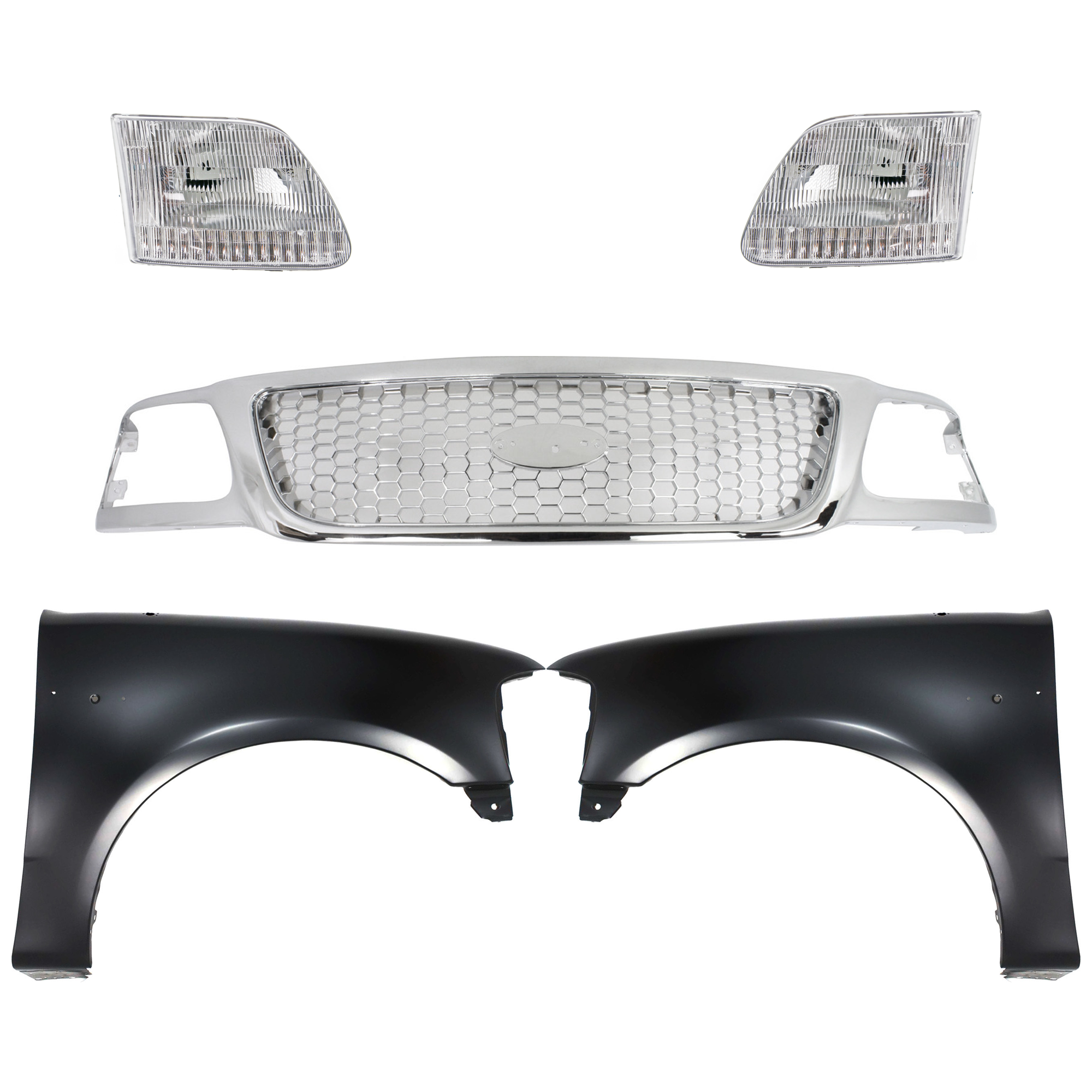 AM F 150-99-03 F 150 HERITAGE 04-04 F 250-99-99 GRILLE Chrome Shell and Insert 5 pc Kit with Fenders and Headlights SKU KIT 022423-937 Partslink FO1200407 FO1241191 FO1240191 FO2503139 FO2502139 OEM Performance 2L3Z16005BA 2L3Z16