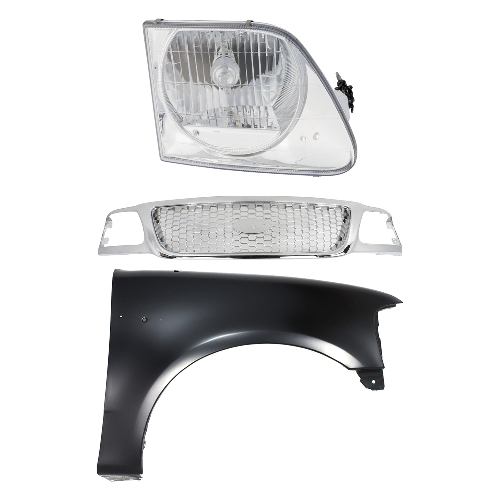 AM F 150-99-03 F 150 HERITAGE 04-04 F 250-99-99 GRILLE Chrome Shell and Insert 3 pc Kit with Fender and Headlight SKU KIT 022423-93801 Partslink FO1200407 FO1241191 FO2503182 OEM Performance 2L3Z16005BA 3L3Z13