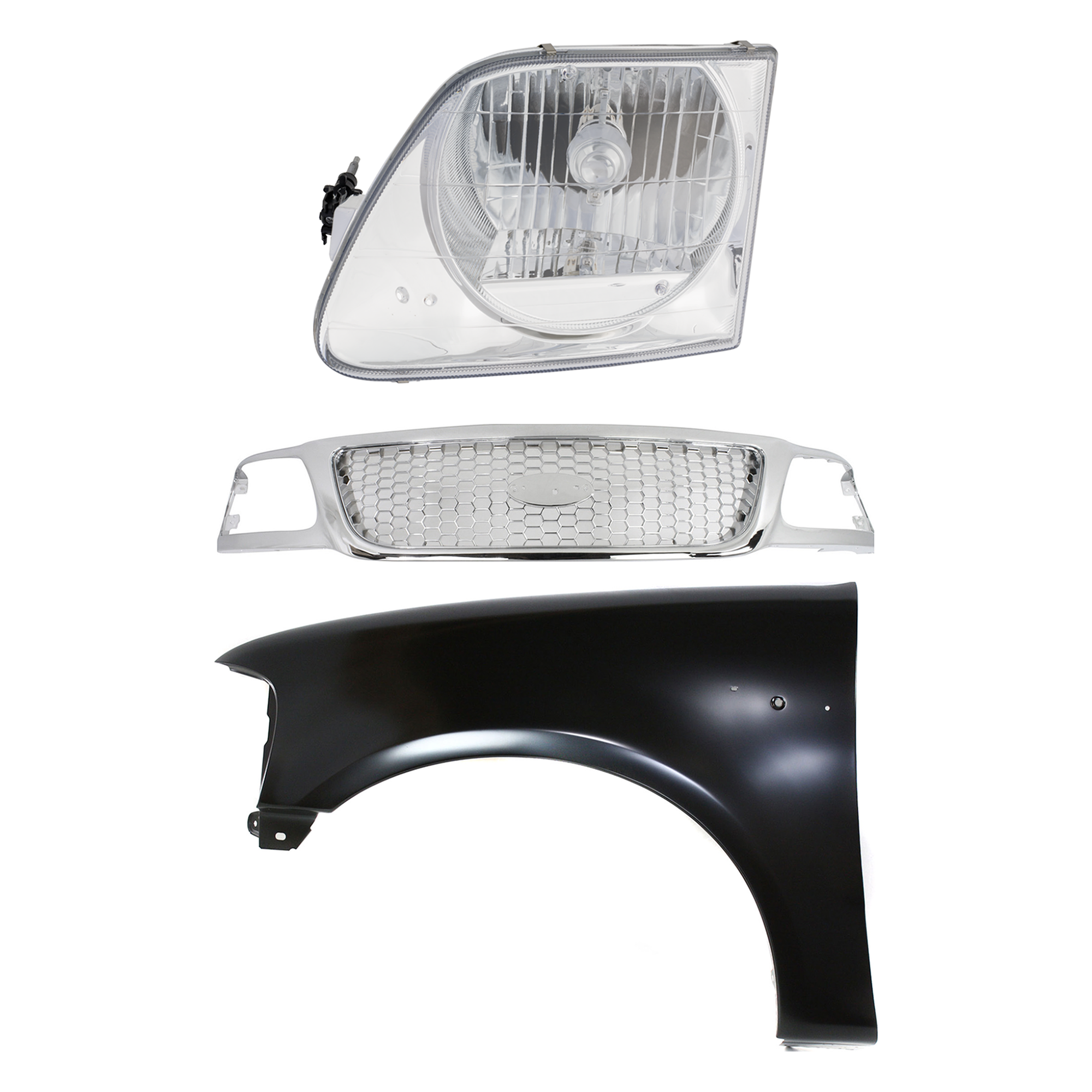 AM F 150-99-03 F 150 HERITAGE 04-04 F 250-99-99 GRILLE Chrome Shell and Insert 3 pc Kit with Fender and Headlight SKU KIT 022423-93802 Partslink FO1200407 FO1240191 FO2502182 OEM Performance 2L3Z16006BA 3L3Z13