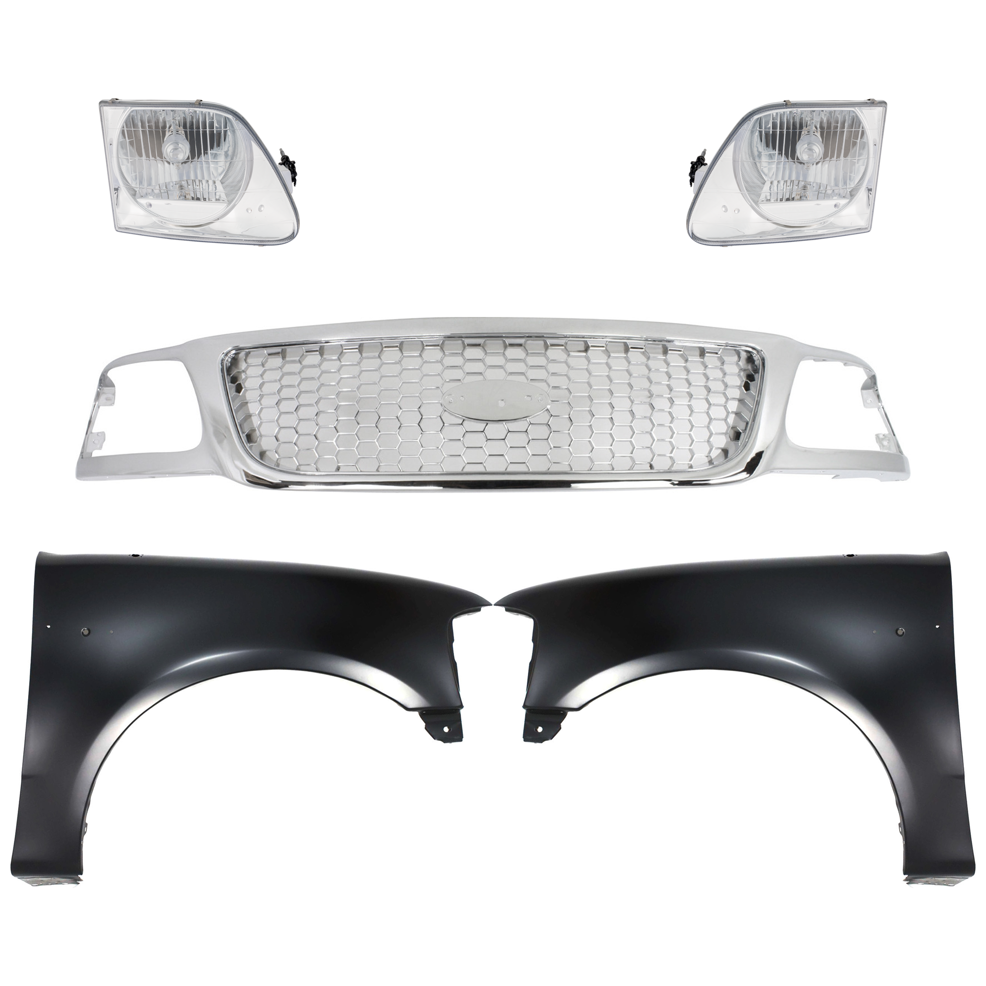 AM F 150-99-03 F 150 HERITAGE 04-04 F 250-99-99 GRILLE Chrome Shell and Insert 5 pc Kit with Fenders and Headlights SKU KIT 022423-938 Partslink FO1200407 FO1241191 FO1240191 FO2503182 FO2502182 OEM Performance 2L3Z16005BA 2L3Z16