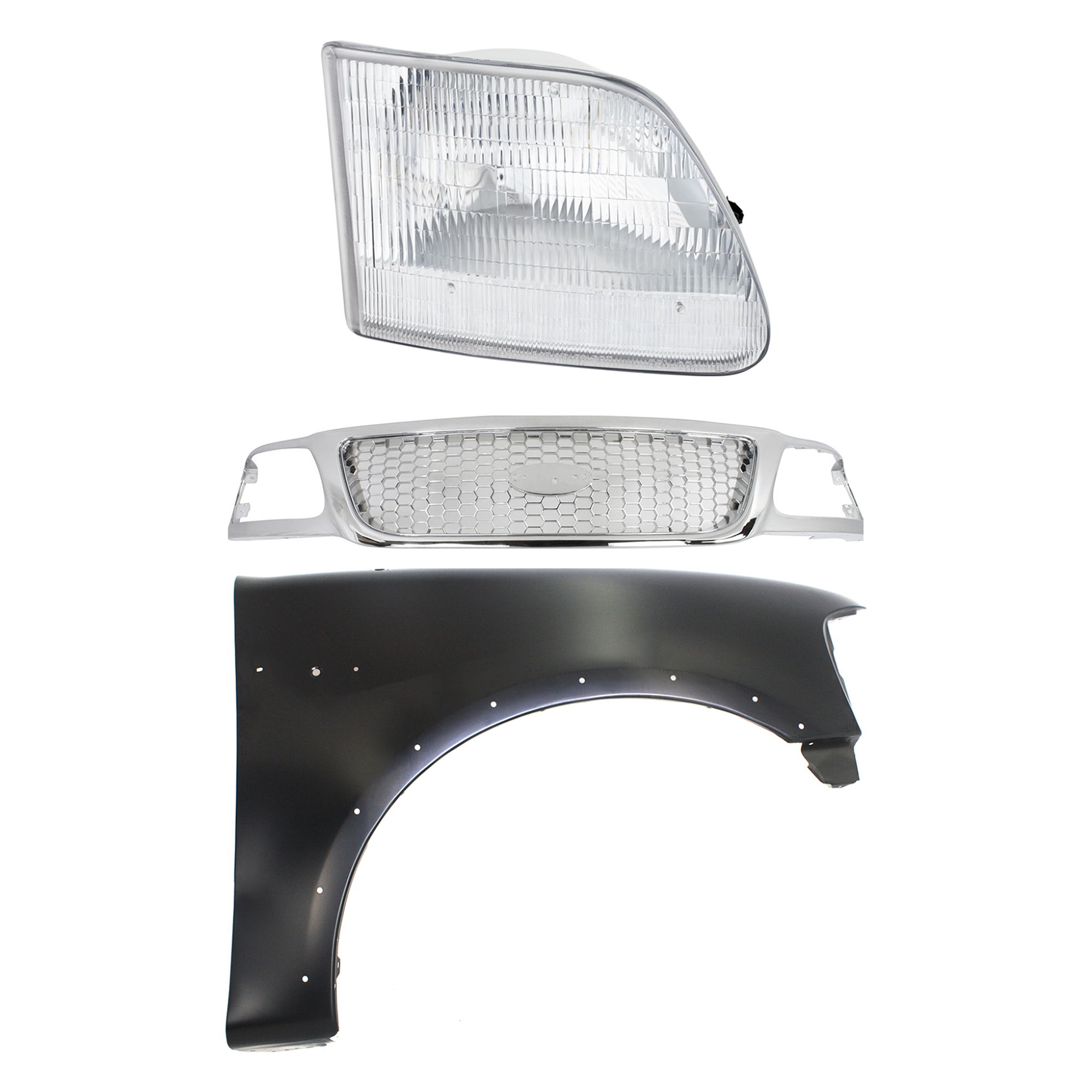 AM F 150-99-03 F 150 HERITAGE 04-04 F 250-99-99 GRILLE Chrome Shell and Insert 3 pc Kit with Fender and Headlight SKU KIT 022423-93901 Partslink FO1200407 FO1241192 FO2503139 OEM Performance 2L3Z16005AA 3L3Z13