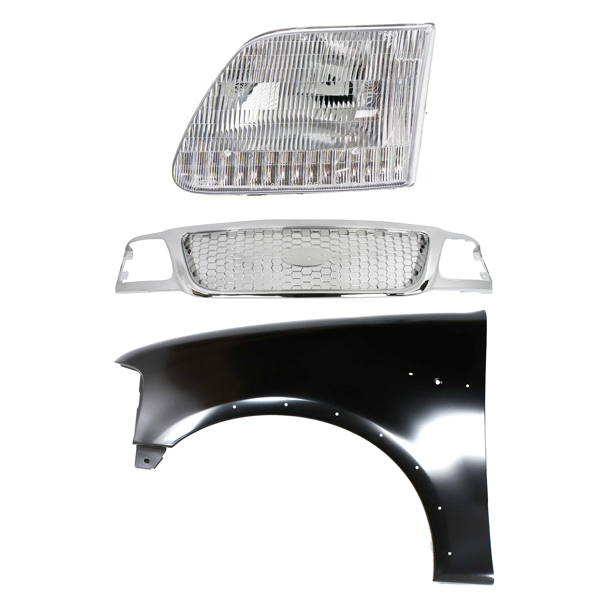 AM F 150-99-03 F 150 HERITAGE 04-04 F 250-99-99 GRILLE Chrome Shell and Insert 3 pc Kit with Fender and Headlight SKU KIT 022423-93902 Partslink FO1200407 FO1240192 FO2502139 OEM Performance 2L3Z16006AA 3L3Z13