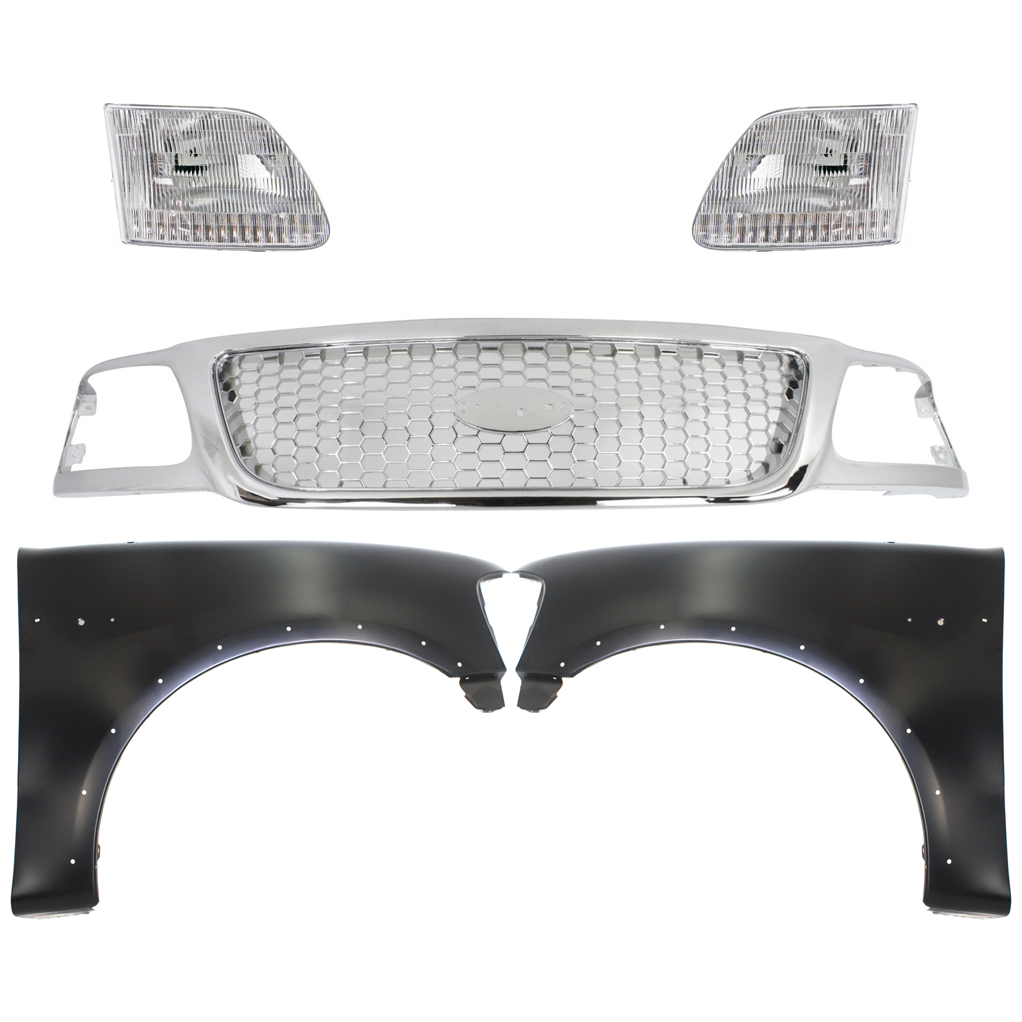 AM F 150-99-03 F 150 HERITAGE 04-04 F 250-99-99 GRILLE Chrome Shell and Insert 5 pc Kit with Fenders and Headlights SKU KIT 022423-939 Partslink FO1200407 FO1240192 FO1241192 FO2503139 FO2502139 OEM Performance 2L3Z16006AA 2L3Z16