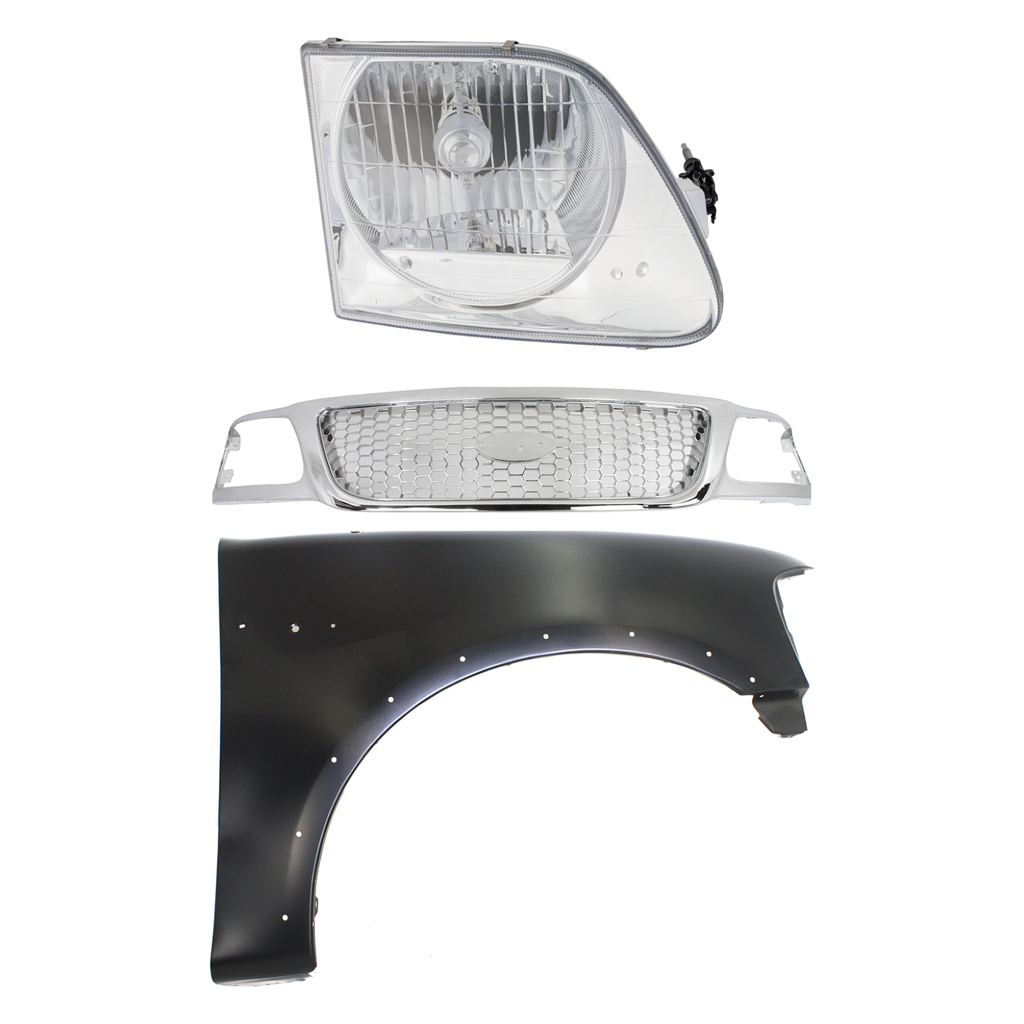 AM F 150-99-03 F 150 HERITAGE 04-04 F 250-99-99 GRILLE Chrome Shell and Insert 3 pc Kit with Fender and Headlight SKU KIT 022423-94001 Partslink FO1200407 FO1241192 FO2503182 OEM Performance 2L3Z16005AA 3L3Z13
