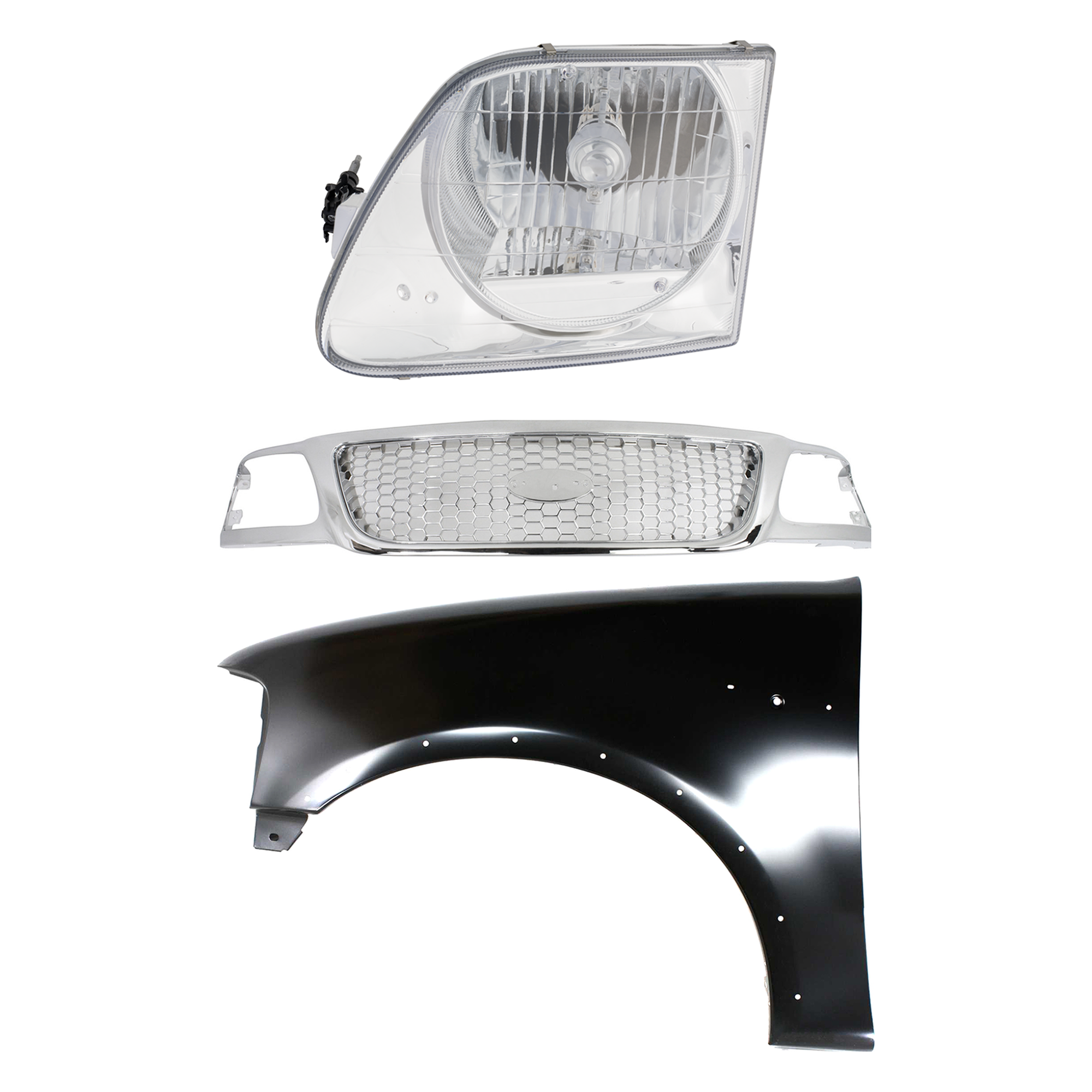 AM F 150-99-03 F 150 HERITAGE 04-04 F 250-99-99 GRILLE Chrome Shell and Insert 3 pc Kit with Fender and Headlight SKU KIT 022423-94002 Partslink FO1200407 FO1240192 FO2502182 OEM Performance 2L3Z16006AA 3L3Z13