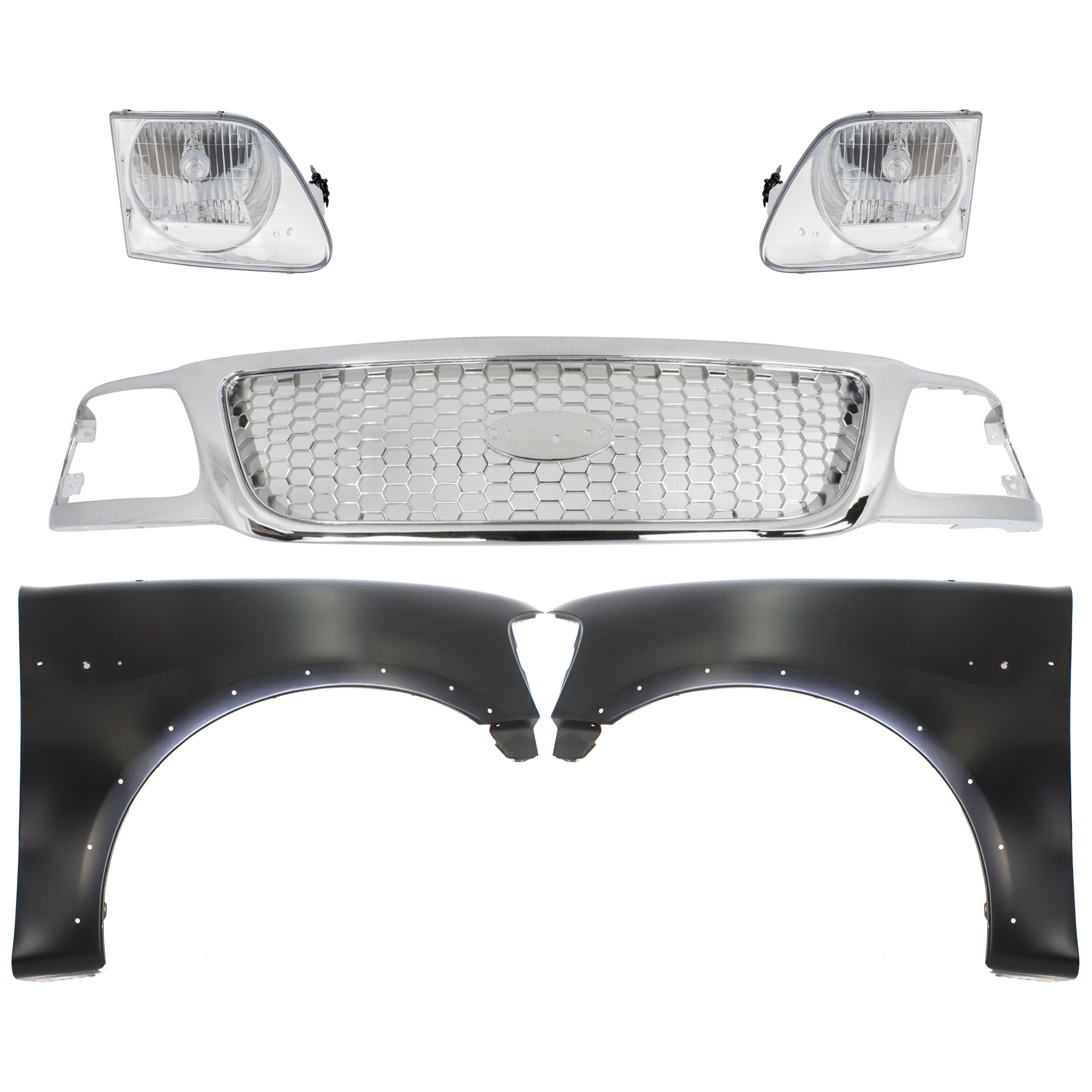 AM F 150-99-03 F 150 HERITAGE 04-04 F 250-99-99 GRILLE Chrome Shell and Insert 5 pc Kit with Fenders and Headlights SKU KIT 022423-940 Partslink FO1200407 FO1240192 FO1241192 FO2503182 FO2502182 OEM Performance 2L3Z16006AA 2L3Z16