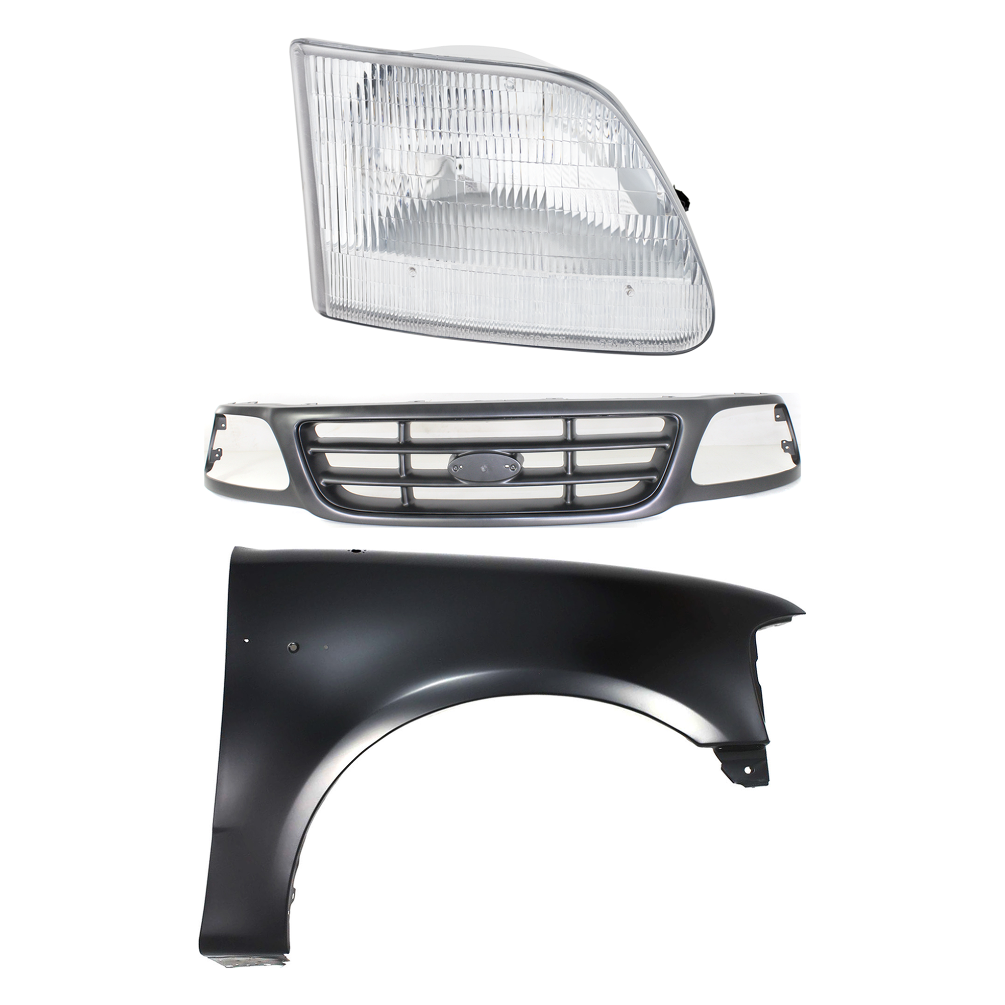 AM F 150-00-03 F 150 HERITAGE 04-04 GRILLE Painted Gray Shell and Insert 3 pc Kit with Fender and Headlight SKU KIT 022423-97301 Partslink FO1200528 FO1241191 FO2503139 OEM YL3Z8200FAA 2L3Z16005BA 3L3Z13