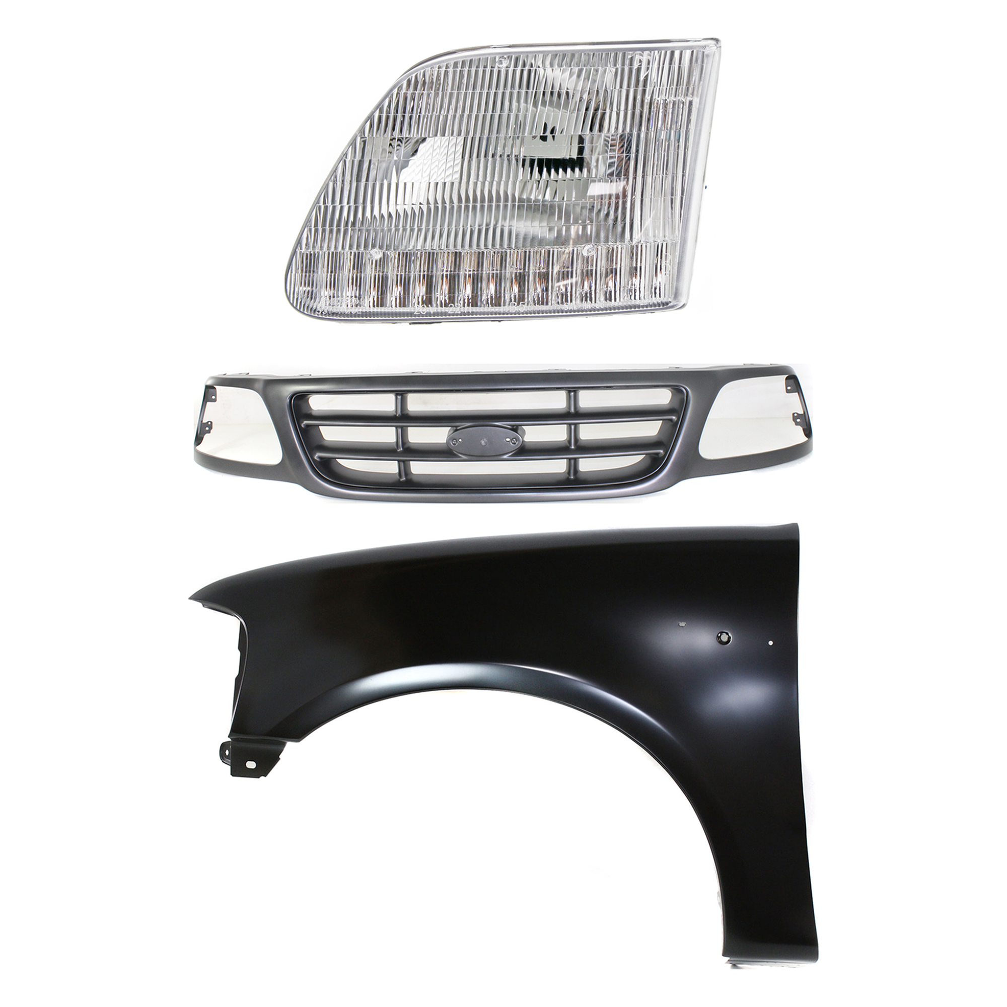 AM F 150-00-03 F 150 HERITAGE 04-04 GRILLE Painted Gray Shell and Insert 3 pc Kit with Fender and Headlight SKU KIT 022423-97302 Partslink FO1200528 FO1240191 FO2502139 OEM YL3Z8200FAA 2L3Z16006BA 3L3Z13