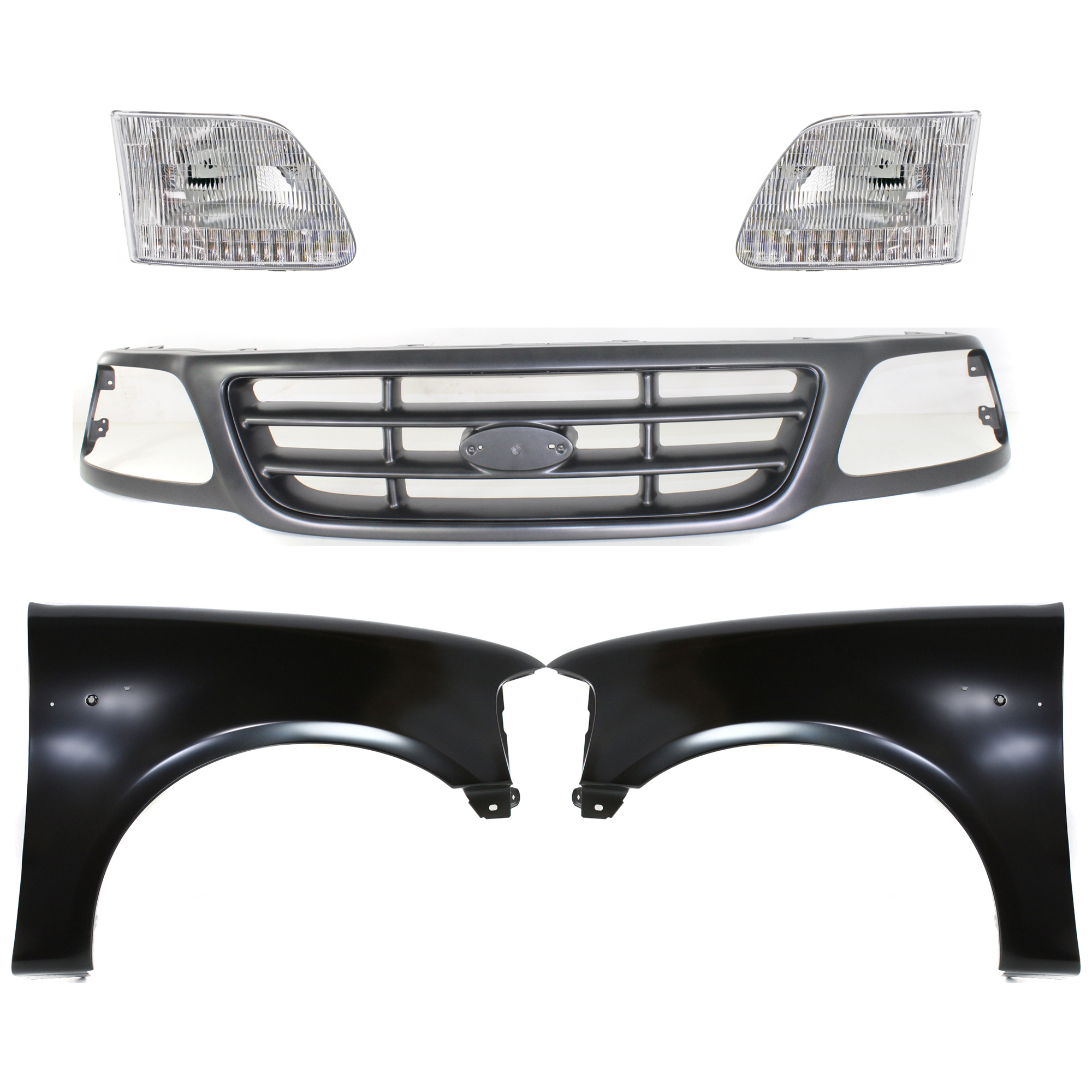 AM F 150-00-03 F 150 HERITAGE 04-04 GRILLE Painted Gray Shell and Insert 5 pc Kit with Fenders and Headlights SKU KIT 022423-973 Partslink FO1200528 FO1241191 FO1240191 FO2503139 FO2502139 OEM YL3Z8200FAA 2L3Z16005BA 2L3Z16