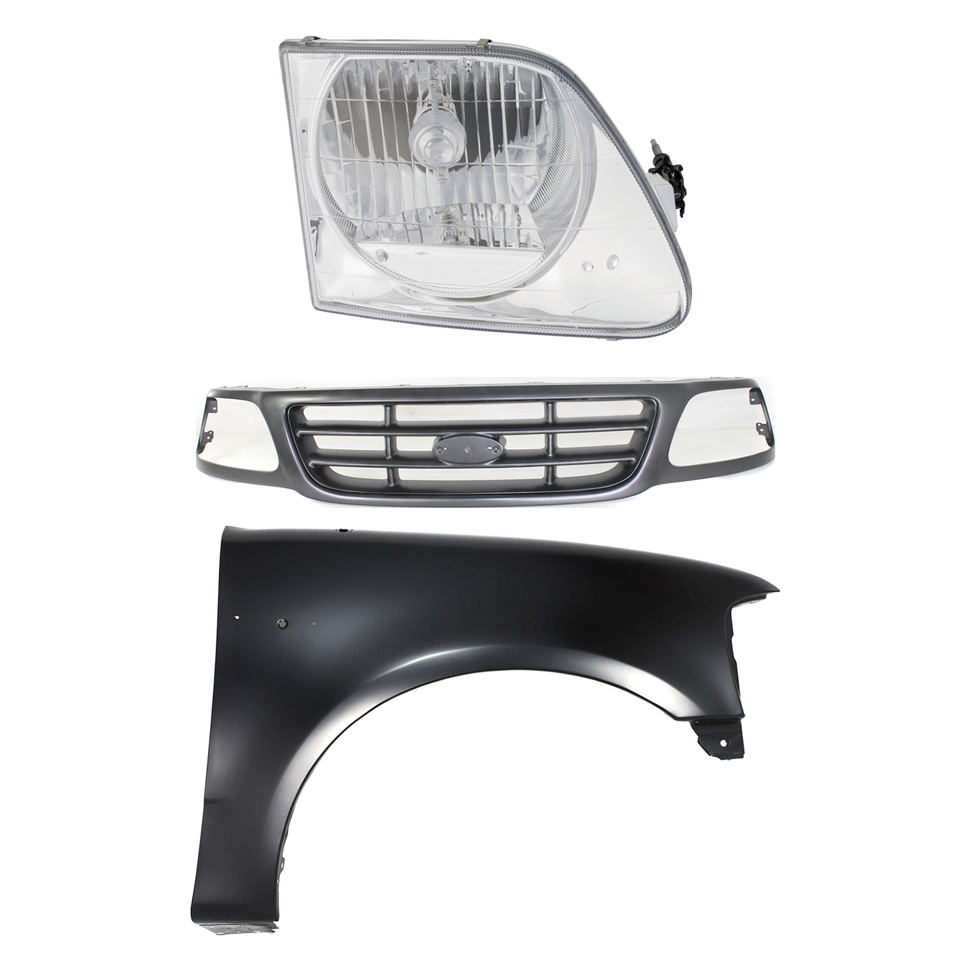 AM F 150-00-03 F 150 HERITAGE 04-04 GRILLE Painted Gray Shell and Insert 3 pc Kit with Fender and Headlight SKU KIT 022423-97401 Partslink FO1200528 FO1241191 FO2503182 OEM YL3Z8200FAA 2L3Z16005BA 3L3Z13