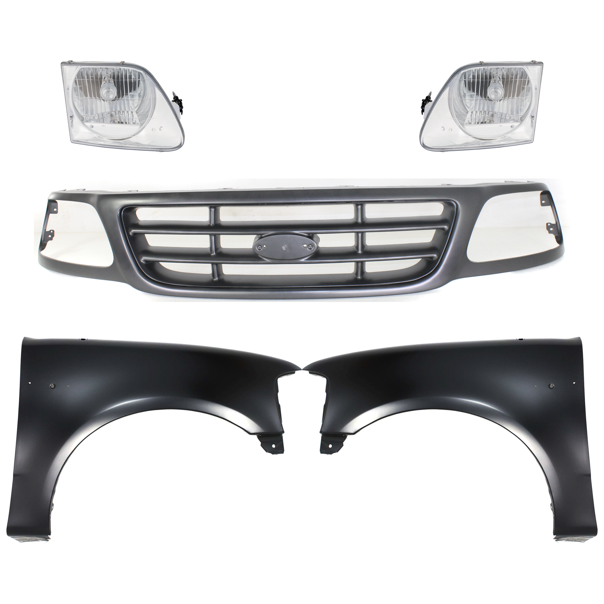 AM F 150-00-03 F 150 HERITAGE 04-04 GRILLE Painted Gray Shell and Insert 5 pc Kit with Fenders and Headlights SKU KIT 022423-974 Partslink FO1200528 FO1241191 FO1240191 FO2503182 FO2502182 OEM YL3Z8200FAA 2L3Z16005BA 2L3Z16
