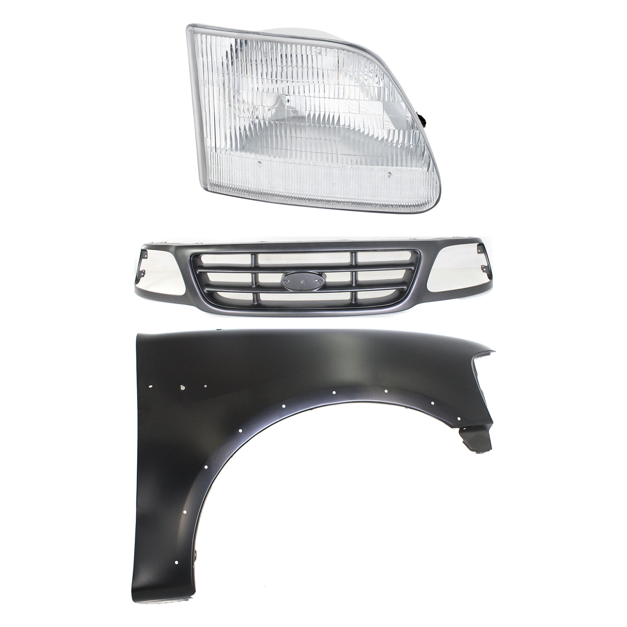 AM F 150-00-03 F 150 HERITAGE 04-04 GRILLE Painted Gray Shell and Insert 3 pc Kit with Fender and Headlight SKU KIT 022423-97501 Partslink FO1200528 FO1241192 FO2503139 OEM YL3Z8200FAA 2L3Z16005AA 3L3Z13