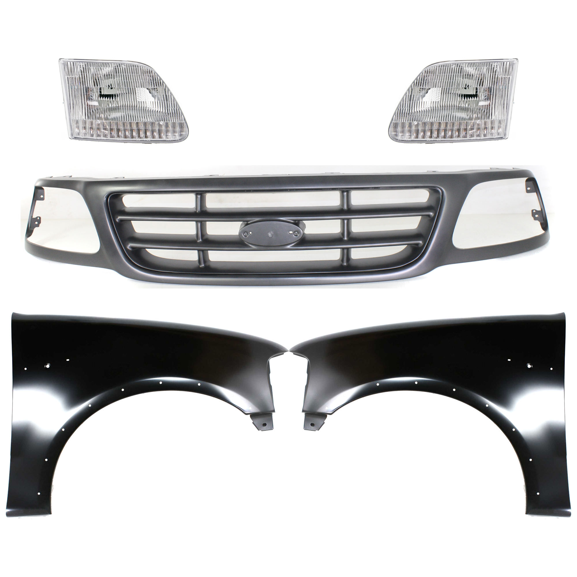 AM F 150-00-03 F 150 HERITAGE 04-04 GRILLE Painted Gray Shell and Insert 5 pc Kit with Fenders and Headlights SKU KIT 022423-975 Partslink FO1200528 FO1240192 FO1241192 FO2503139 FO2502139 OEM YL3Z8200FAA 2L3Z16006AA 2L3Z16