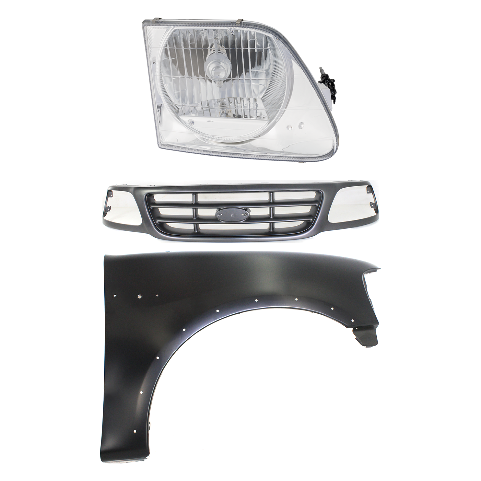 AM F 150-00-03 F 150 HERITAGE 04-04 GRILLE Painted Gray Shell and Insert 3 pc Kit with Fender and Headlight SKU KIT 022423-97601 Partslink FO1200528 FO1241192 FO2503182 OEM YL3Z8200FAA 2L3Z16005AA 3L3Z13