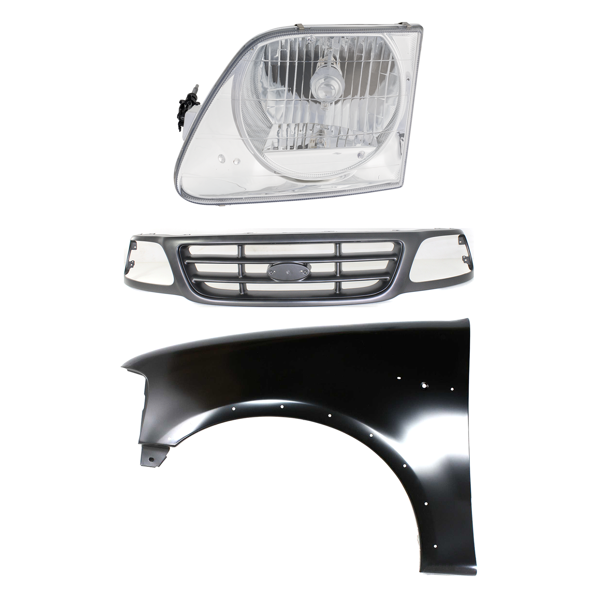 AM F 150-00-03 F 150 HERITAGE 04-04 GRILLE Painted Gray Shell and Insert 3 pc Kit with Fender and Headlight SKU KIT 022423-97602 Partslink FO1200528 FO1240192 FO2502182 OEM YL3Z8200FAA 2L3Z16006AA 3L3Z13