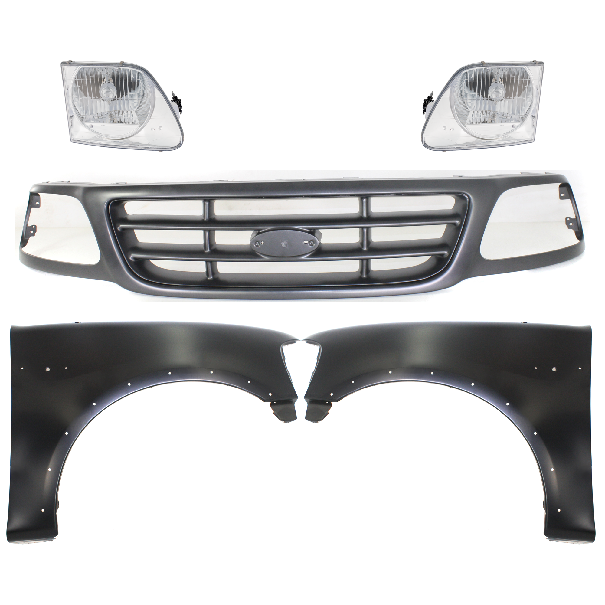AM F 150-00-03 F 150 HERITAGE 04-04 GRILLE Painted Gray Shell and Insert 5 pc Kit with Fenders and Headlights SKU KIT 022423-976 Partslink FO1200528 FO1240192 FO1241192 FO2503182 FO2502182 OEM YL3Z8200FAA 2L3Z16006AA 2L3Z16