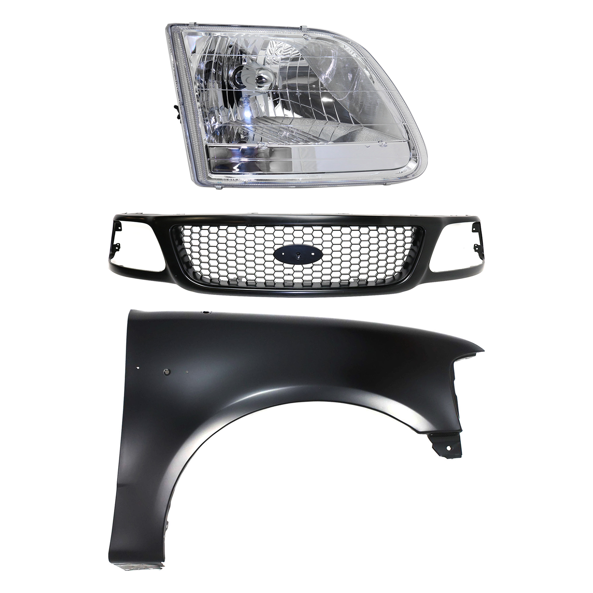 AM F 150-01-03 F 150 HERITAGE 04-04 GRILLE Paint to Match 3 pc Kit with Fender and Headlight SKU KIT 022423-98201 Partslink FO1200381 FO1241191 FO2503211 OEM 3L3Z8200BA 2L3Z16005BA 3L3Z130