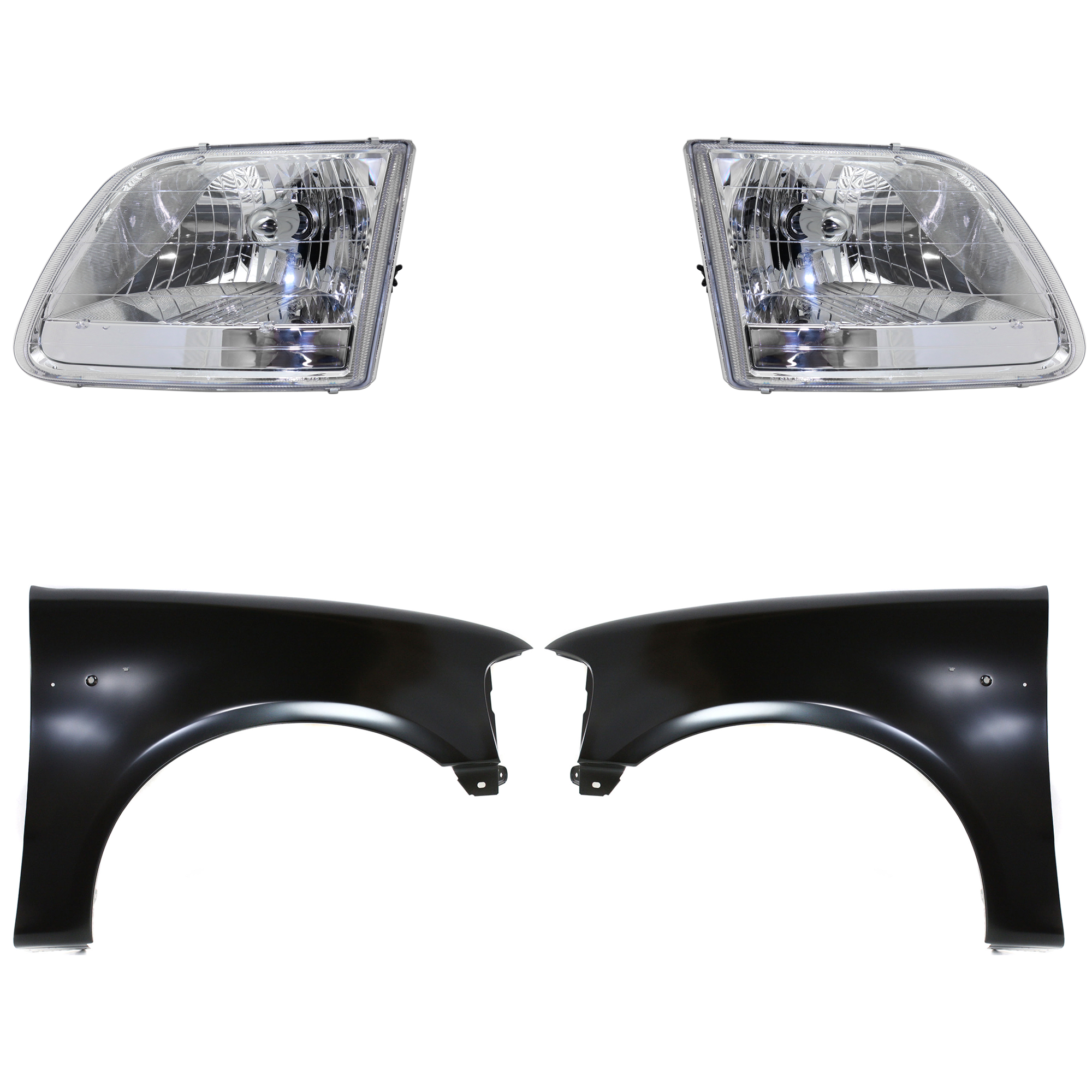 AM F 150-01-03 F 150 HERITAGE 04-04 FRONT FENDER RH AND LH Primed 4 pc Kit with Headlights SKU KIT 022423-98203 Partslink FO1241191 FO1240191 FO2502211 FO2503211 OEM 2L3Z16005BA 2L3Z16006BA 3L3Z13