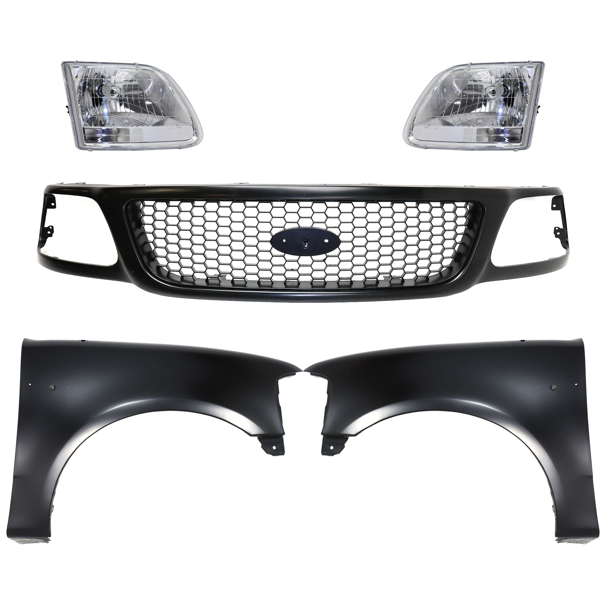 AM F 150-01-03 F 150 HERITAGE 04-04 GRILLE Paint to Match 5 pc Kit with Fenders and Headlights SKU KIT 022423-982 Partslink FO1200381 FO1241191 FO1240191 FO2503211 FO2502211 OEM 3L3Z8200BA 2L3Z16005BA 2L3Z160