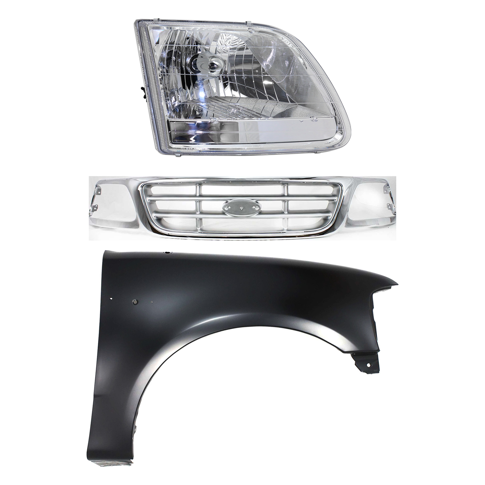 AM F 150-01-03 F 150 HERITAGE 04-04 GRILLE Chrome Shell with Paintable Insert 3 pc Kit with Fender and Headlight SKU KIT 022423-98301 Partslink FO1200371 FO1241191 FO2503211 OEM 3L3Z8200AB 2L3Z16005BA 3L3Z130