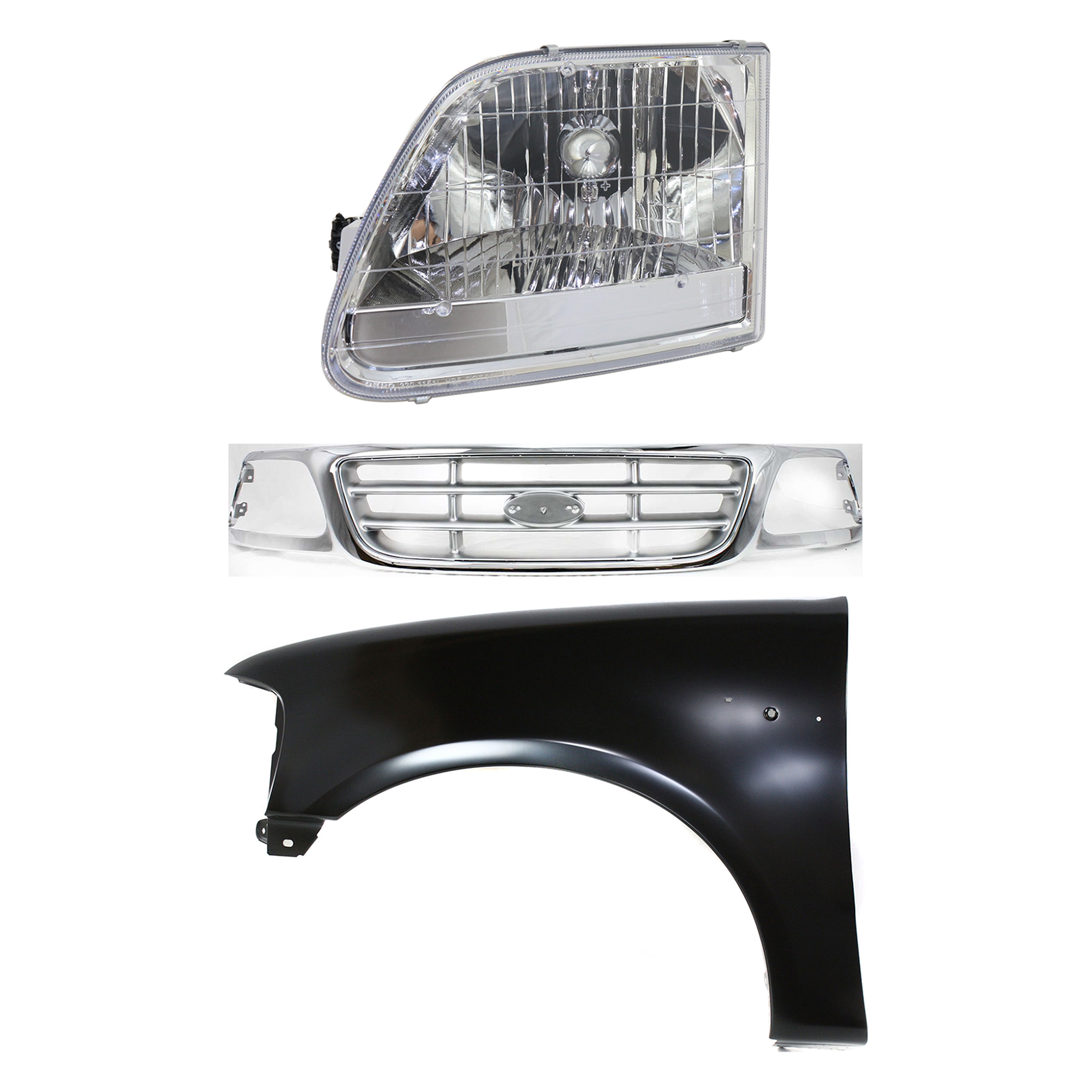 AM F 150-01-03 F 150 HERITAGE 04-04 GRILLE Chrome Shell with Paintable Insert 3 pc Kit with Fender and Headlight SKU KIT 022423-98302 Partslink FO1200371 FO1240191 FO2502211 OEM 3L3Z8200AB 2L3Z16006BA 3L3Z130