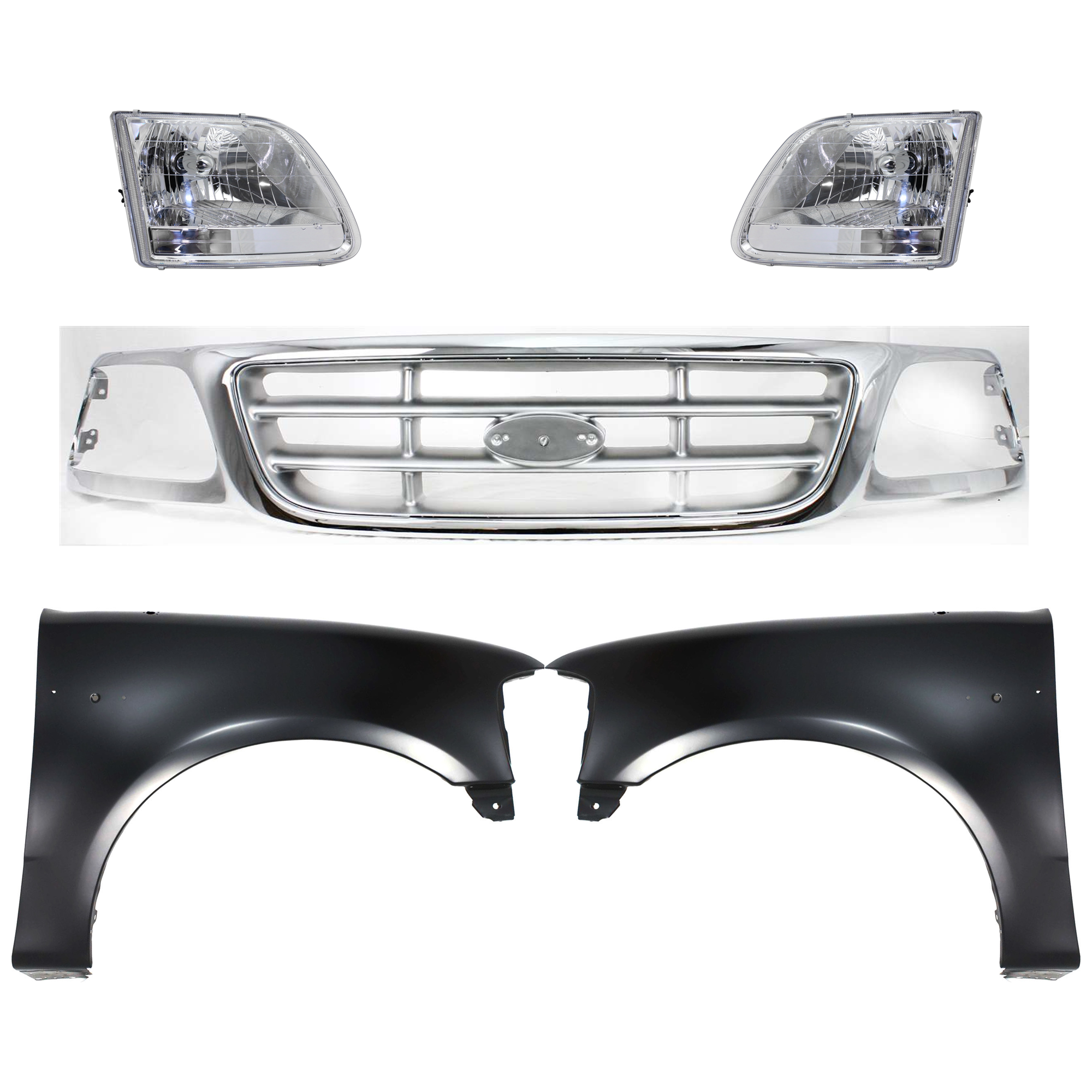 AM F 150-01-03 F 150 HERITAGE 04-04 GRILLE Chrome Shell with Paintable Insert 5 pc Kit with Fenders and Headlights SKU KIT 022423-983 Partslink FO1200371 FO1241191 FO1240191 FO2503211 FO2502211 OEM 3L3Z8200AB 2L3Z16005BA 2L3Z160