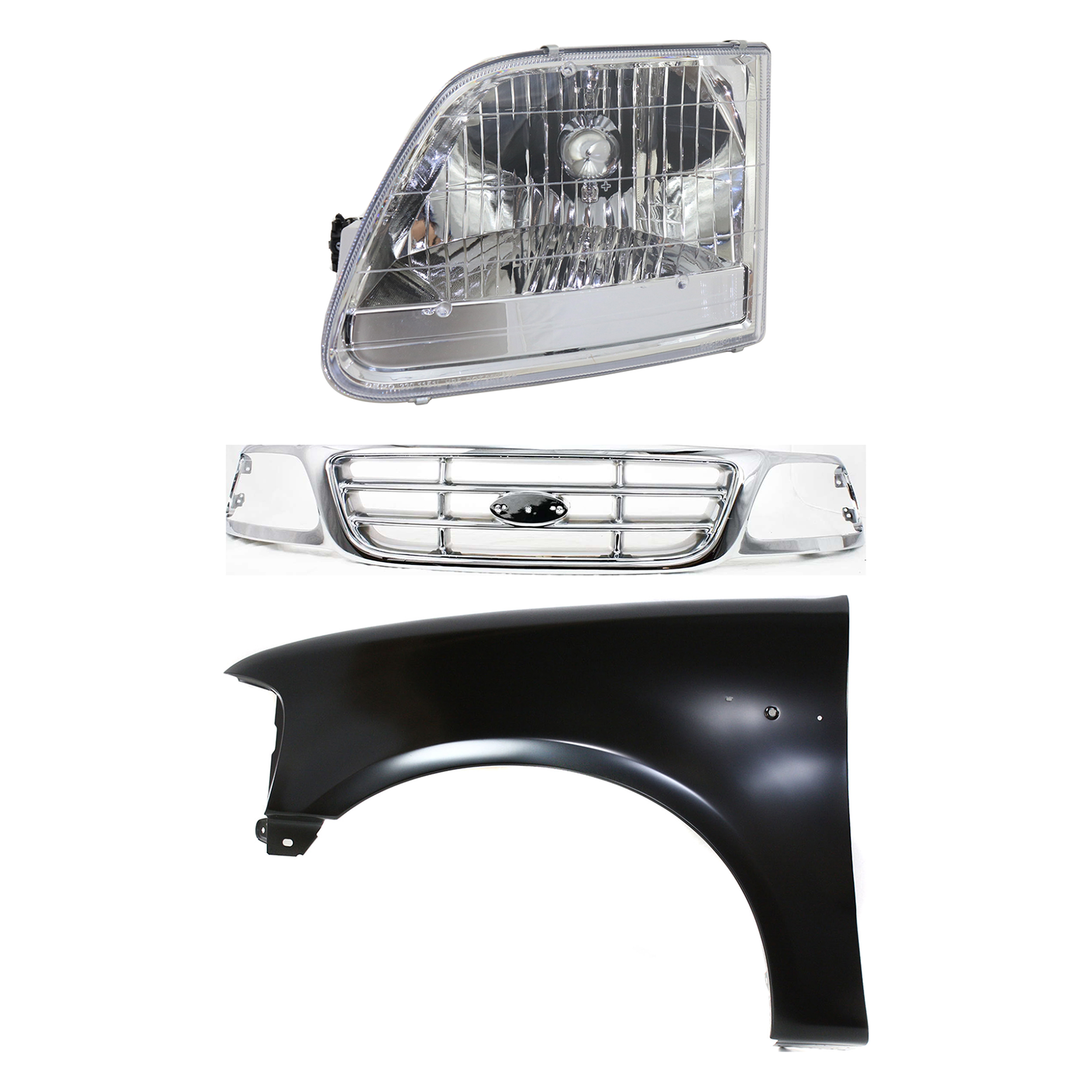 AM F 150-01-03 F 150 HERITAGE 04-04 GRILLE Chrome Shell and Insert 3 pc Kit with Fender and Headlight SKU KIT 022423-98402 Partslink FO1200537 FO1240191 FO2502211 OEM XL3Z8200-2L3Z16006BA 3L3Z13008