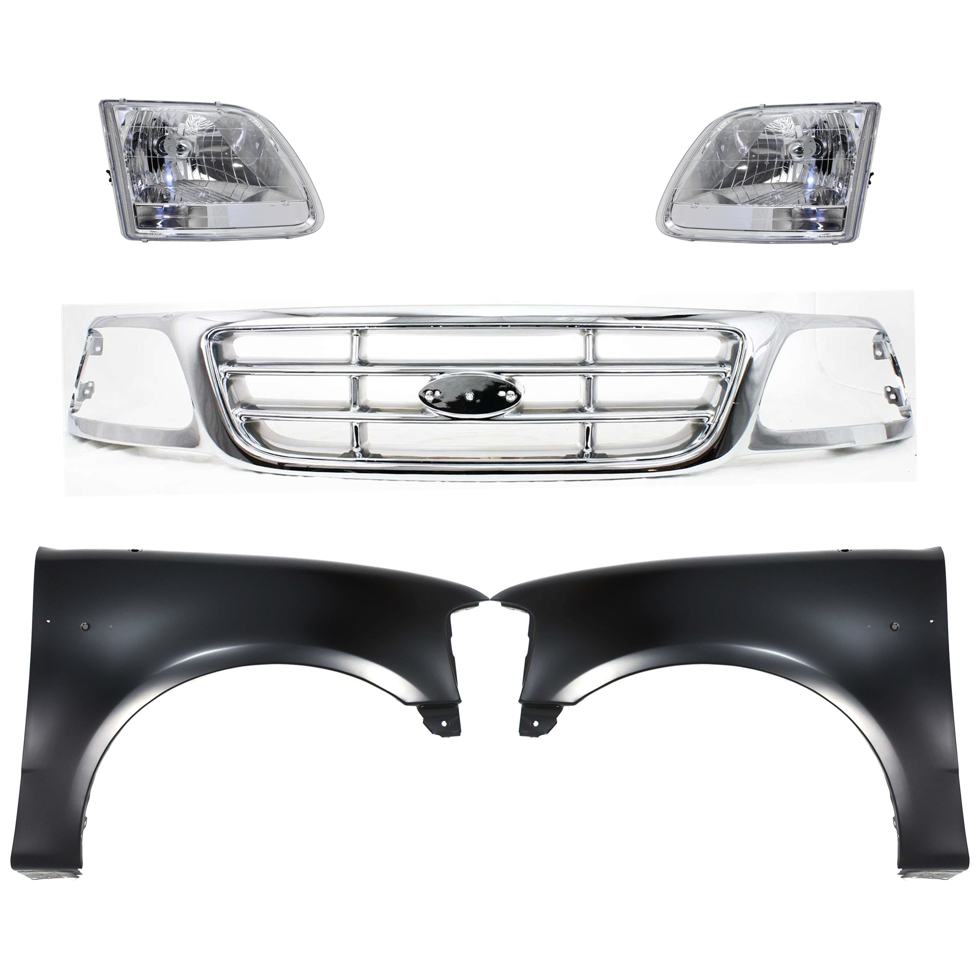 AM F 150-01-03 F 150 HERITAGE 04-04 GRILLE Chrome Shell and Insert 5 pc Kit with Fenders and Headlights SKU KIT 022423-984 Partslink FO1200537 FO1241191 FO1240191 FO2503211 FO2502211 OEM XL3Z8200-2L3Z16005BA 2L3Z16006