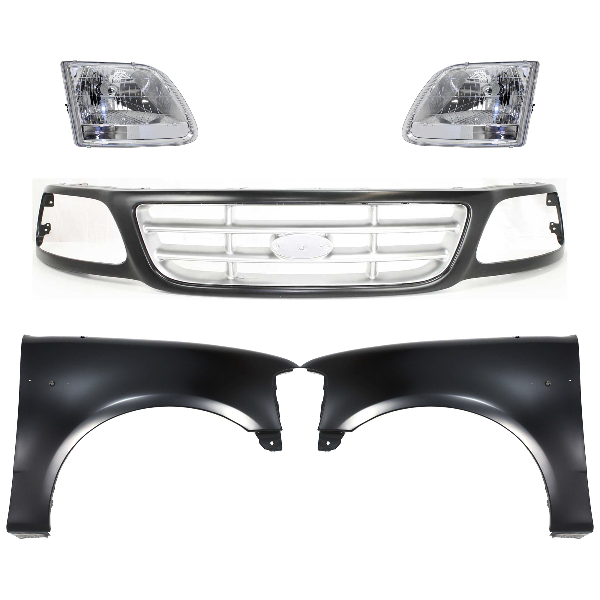 AM F 150-01-03 F 150 HERITAGE 04-04 GRILLE Paint to Match 5 pc Kit with Fenders and Headlights SKU KIT 022423-986 Partslink FO1200376 FO1241191 FO1240191 FO2503211 FO2502211 OEM 3L3Z8200DA 2L3Z16005BA 2L3Z160