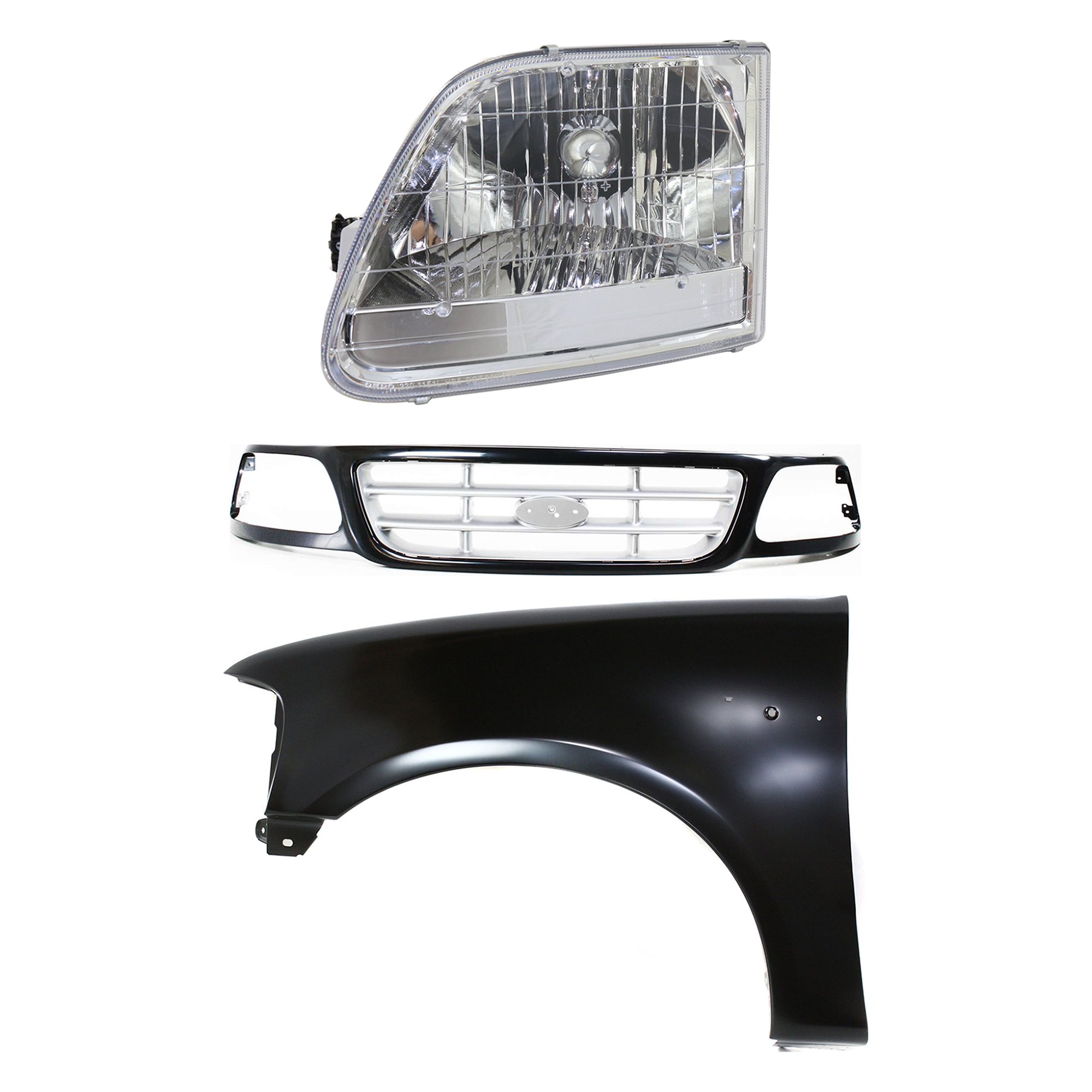 AM F 150-01-03 F 150 HERITAGE 04-04 FRONT FENDER LH Primed 3 pc Kit with Grille and Headlight SKU KIT 022423-98702 Partslink FO1240191 FO1200370 FO2502211 OEM 2L3Z16006BA YL3Z8200CAA 3L3Z13