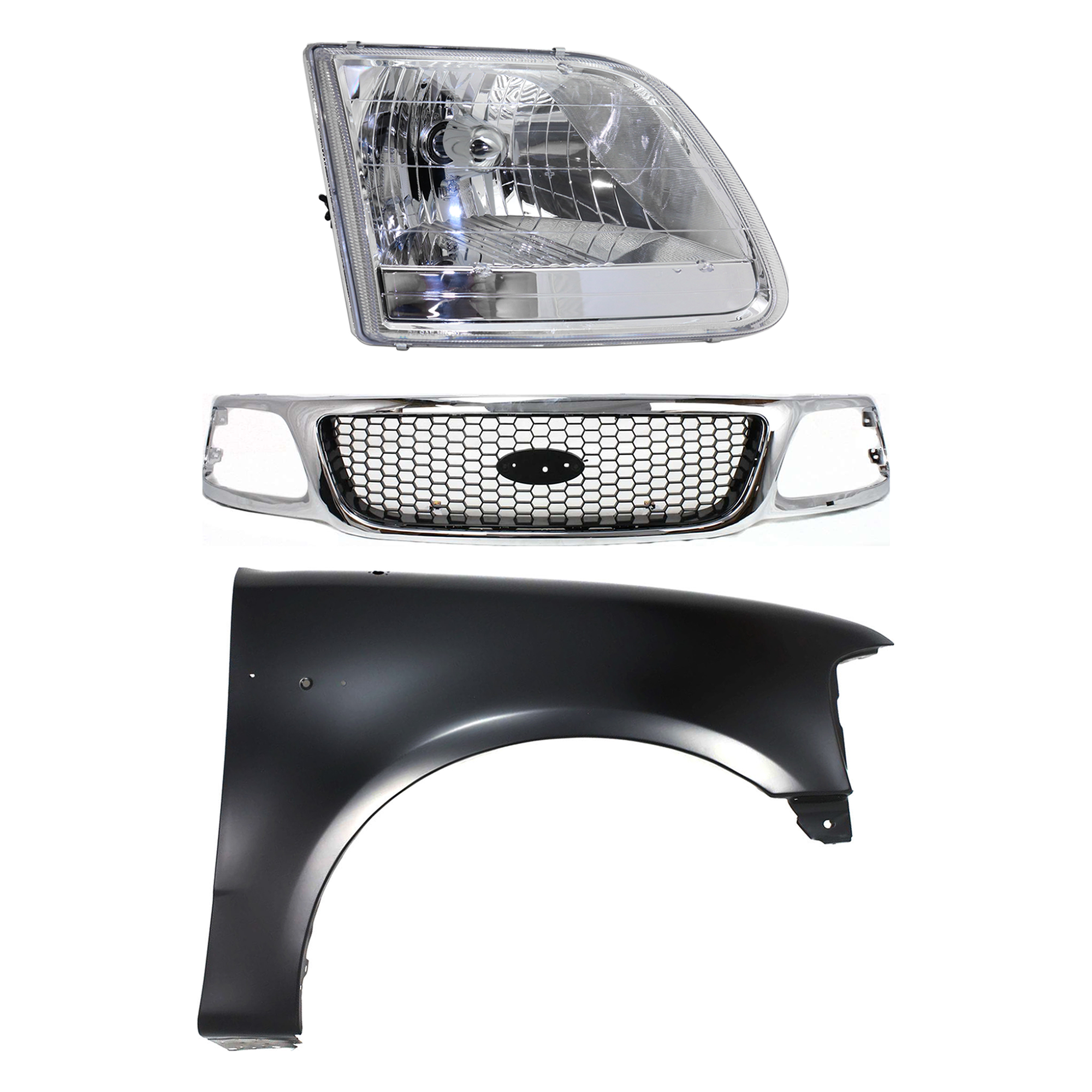 AM F 150-01-03 GRILLE Chrome Shell with Black Insert 3 pc Kit with Fender and Headlight SKU KIT 022423-98801 Partslink FO1200404 FO1241191 FO2503211 OEM 3L3Z8200BB 2L3Z16005BA 3L3Z130
