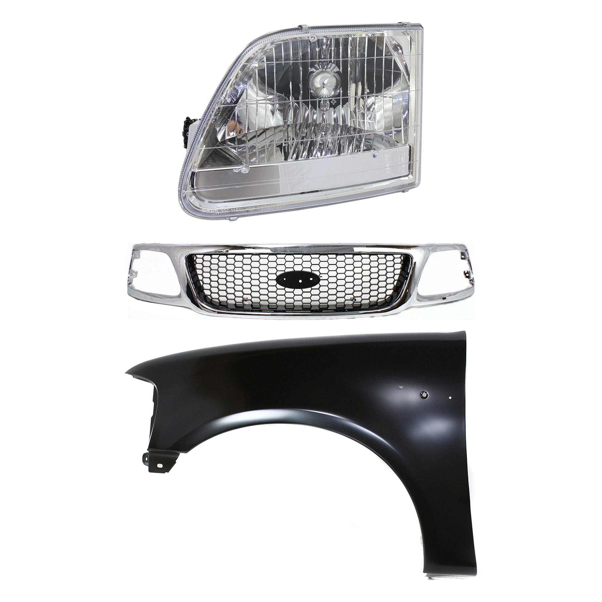 AM F 150-01-03 GRILLE Chrome Shell with Black Insert 3 pc Kit with Fender and Headlight SKU KIT 022423-98802 Partslink FO1200404 FO1240191 FO2502211 OEM 3L3Z8200BB 2L3Z16006BA 3L3Z130