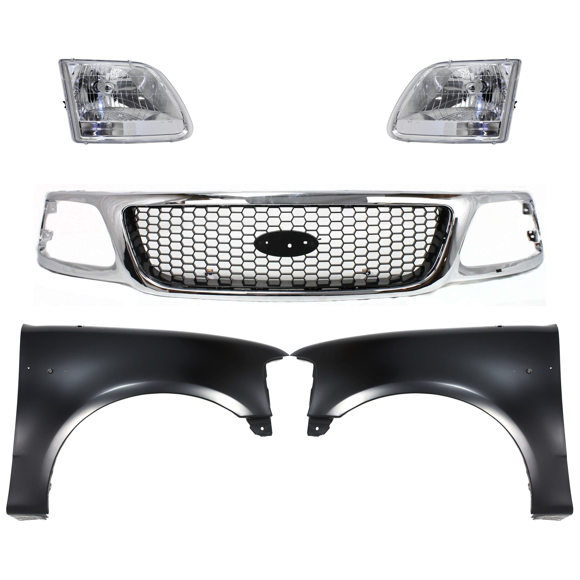 AM F 150-01-03 GRILLE Chrome Shell with Black Insert 5 pc Kit with Fenders and Headlights SKU KIT 022423-988 Partslink FO1200404 FO1241191 FO1240191 FO2503211 FO2502211 OEM 3L3Z8200BB 2L3Z16005BA 2L3Z160