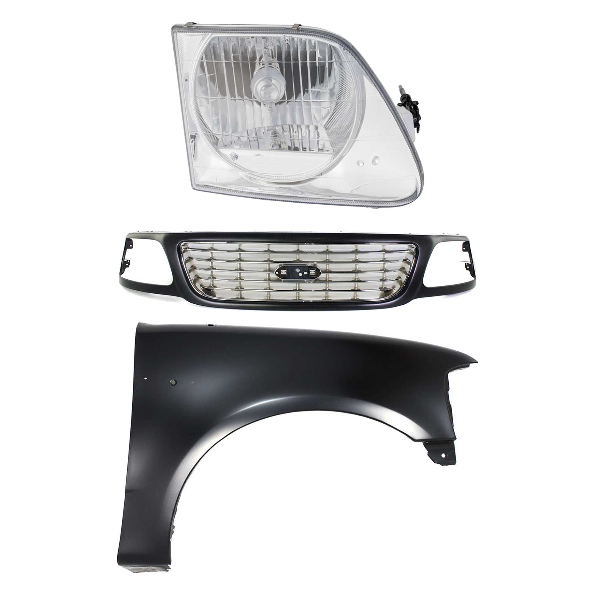 AM F 150-01-03 F 150 HERITAGE 04-04 GRILLE Black Shell with Chrome Insert 3 pc Kit with Fender and Headlight SKU KIT 022423-98901 Partslink FO1200423 FO1241191 FO2503182 OEM 3L3Z8200AC 2L3Z16005BA 3L3Z130
